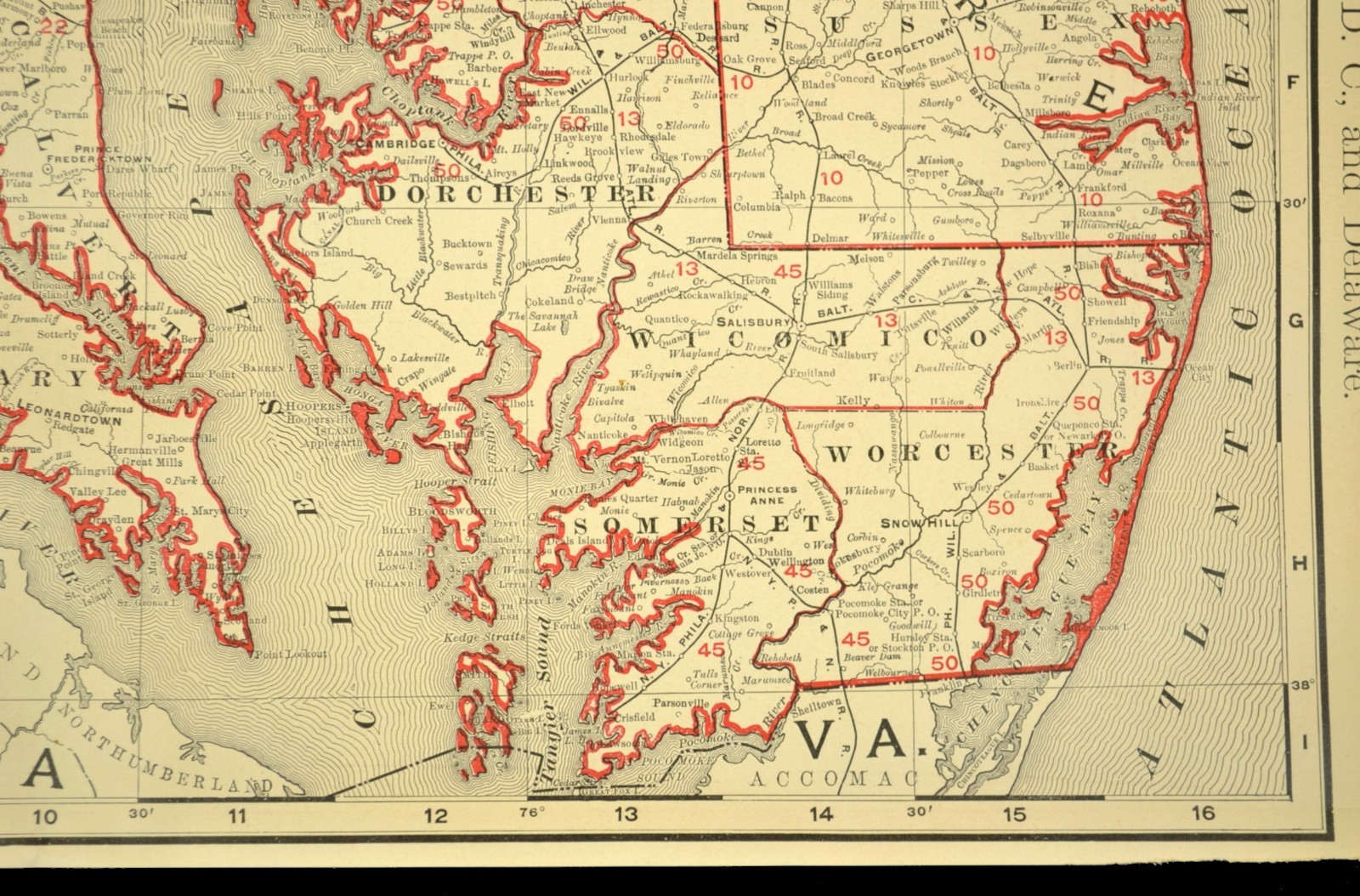 1901 Antique Maryland Railroad Map of Delaware Large Atlas B&O RR PW&B DATED