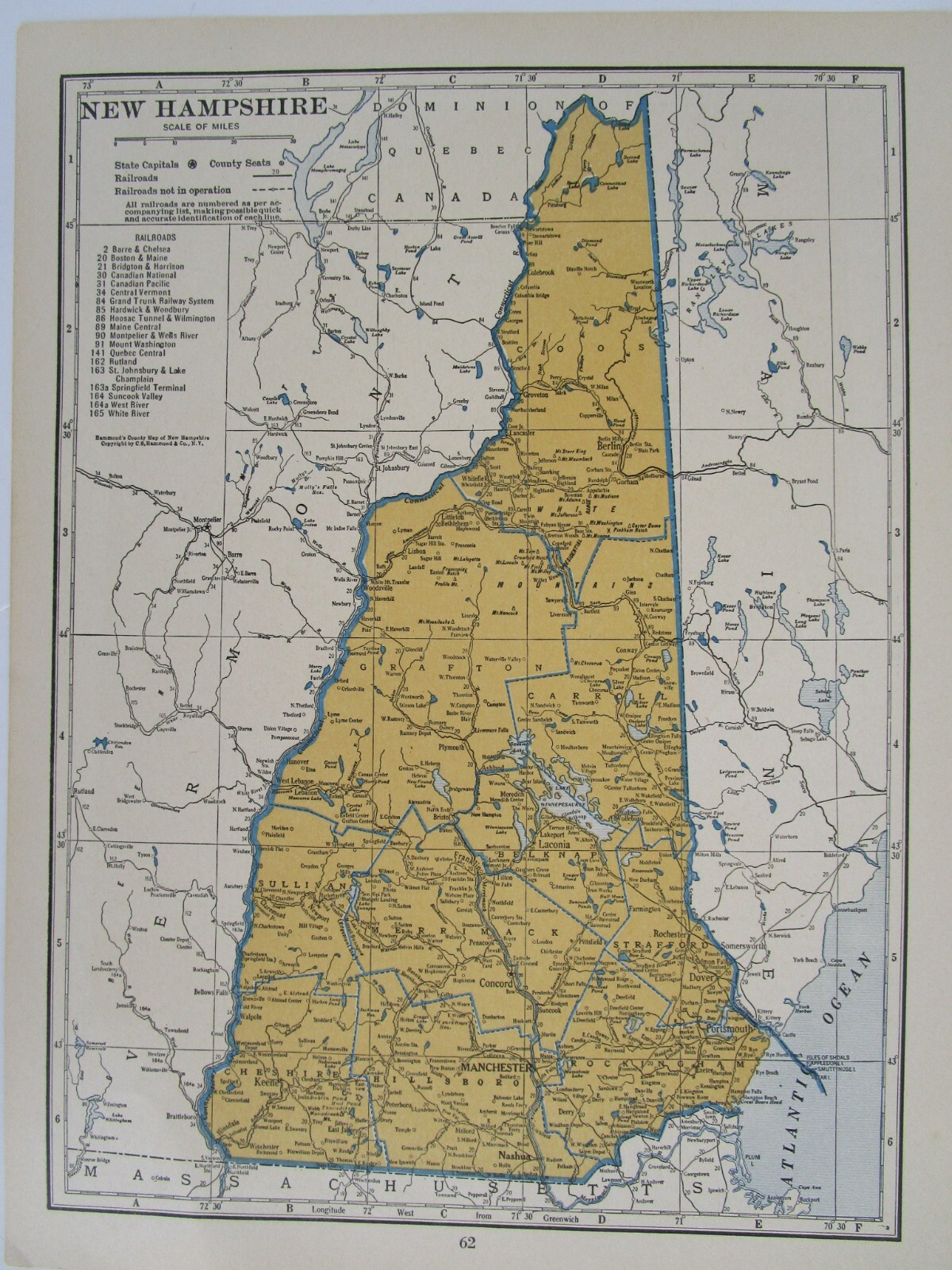 NV NH PRE WWII 1939 NEVADA RAILROAD Map TONAPAH TIDEWATER RR ~or~ NEW HAMPSHIRE