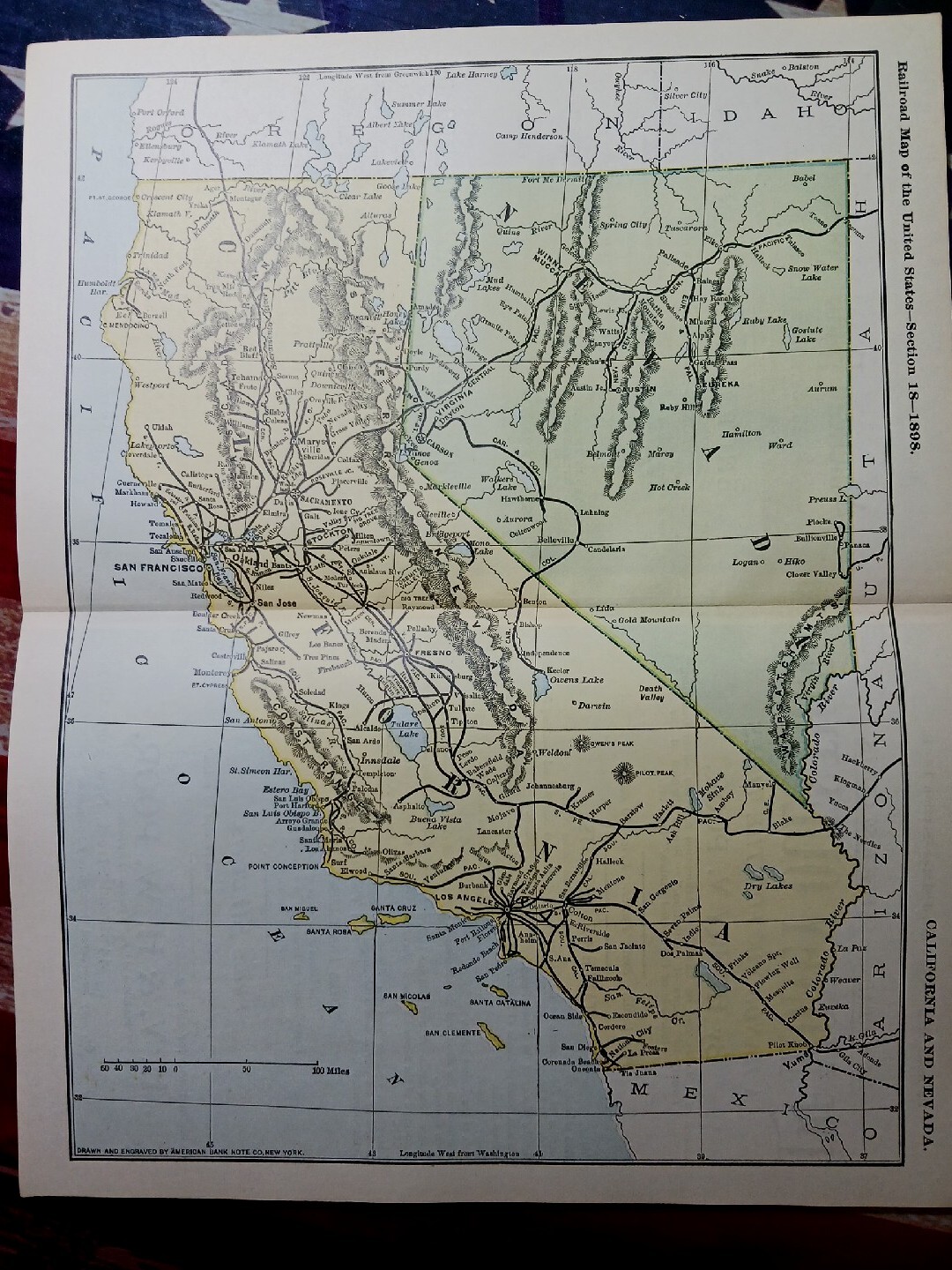 ☆1898 ORIGINAL Railroad Map CALIFORNIA NEVADA All Train Routes Lines 11″x9″