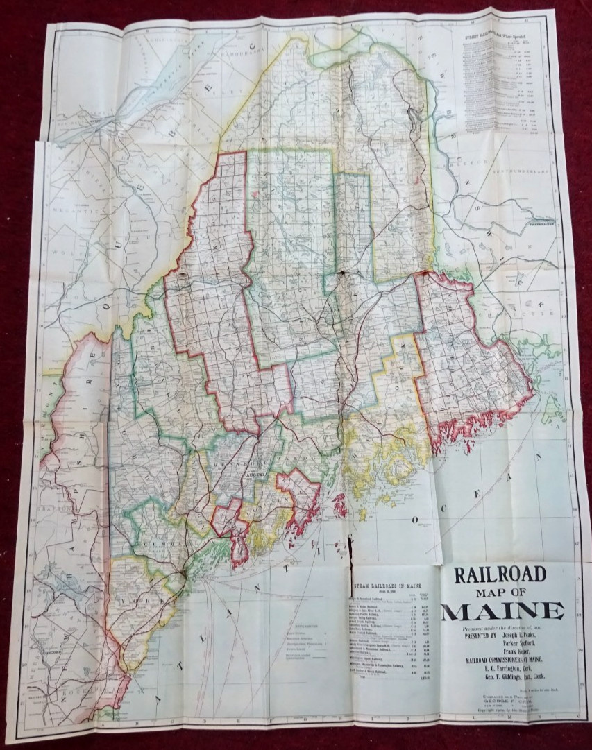BIG GEO ORAM WALL MAP OF RAILROADS MAINE 41″ x 30″ PRINTED 1909 BY COMMISSIONERS