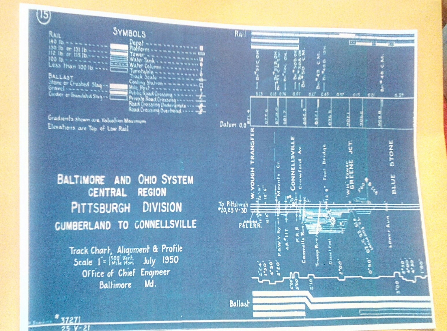 1950 B & O Railroad Pittsburgh Division Track Chart Connellsville Greene Jct NEW