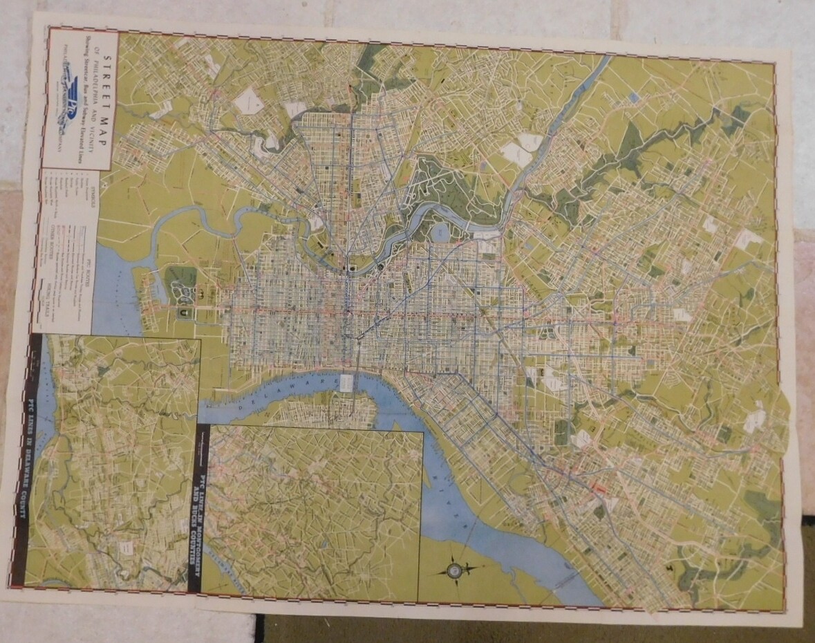 Map PTC Map of Philadelphia #11 1951 Showing Street Car Bus and Subway Lines