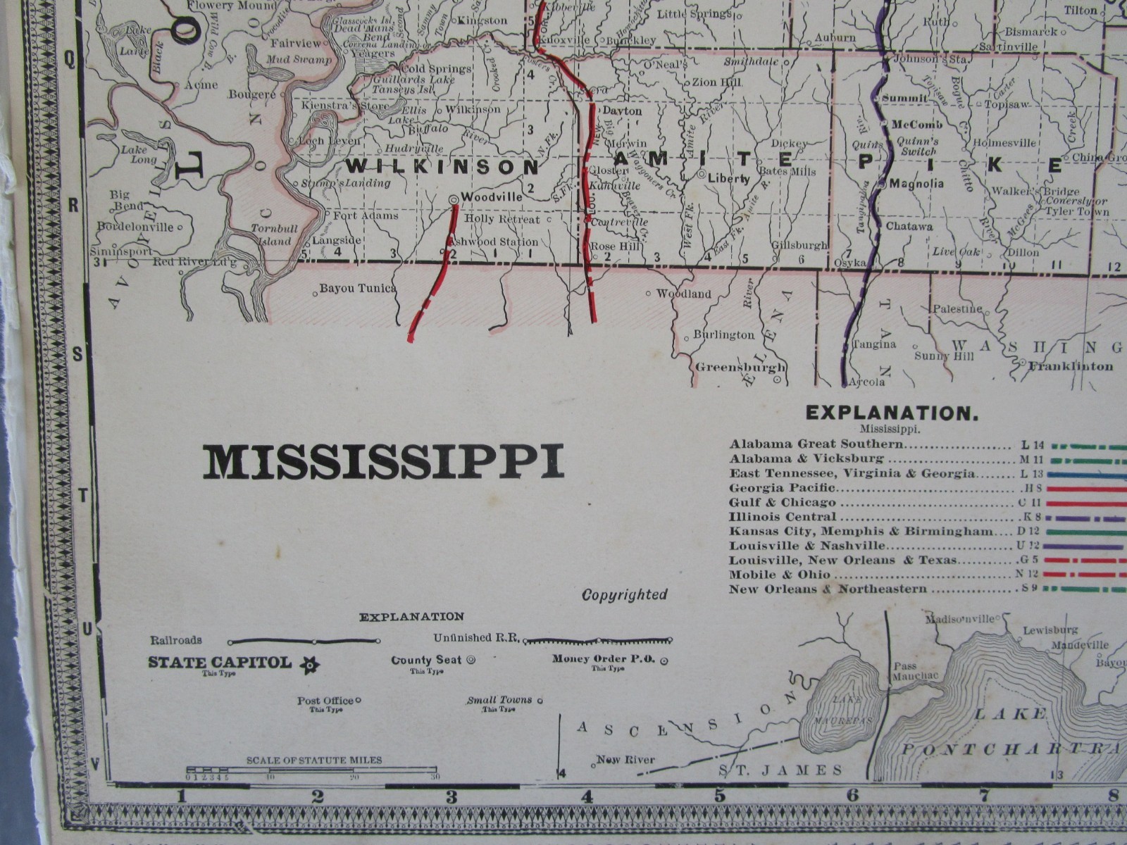 ANTIQUE MS 1891 MISSISSIPPI RAILROAD Map. Cram. NEW ORLEANS NORTHEASTERN RR