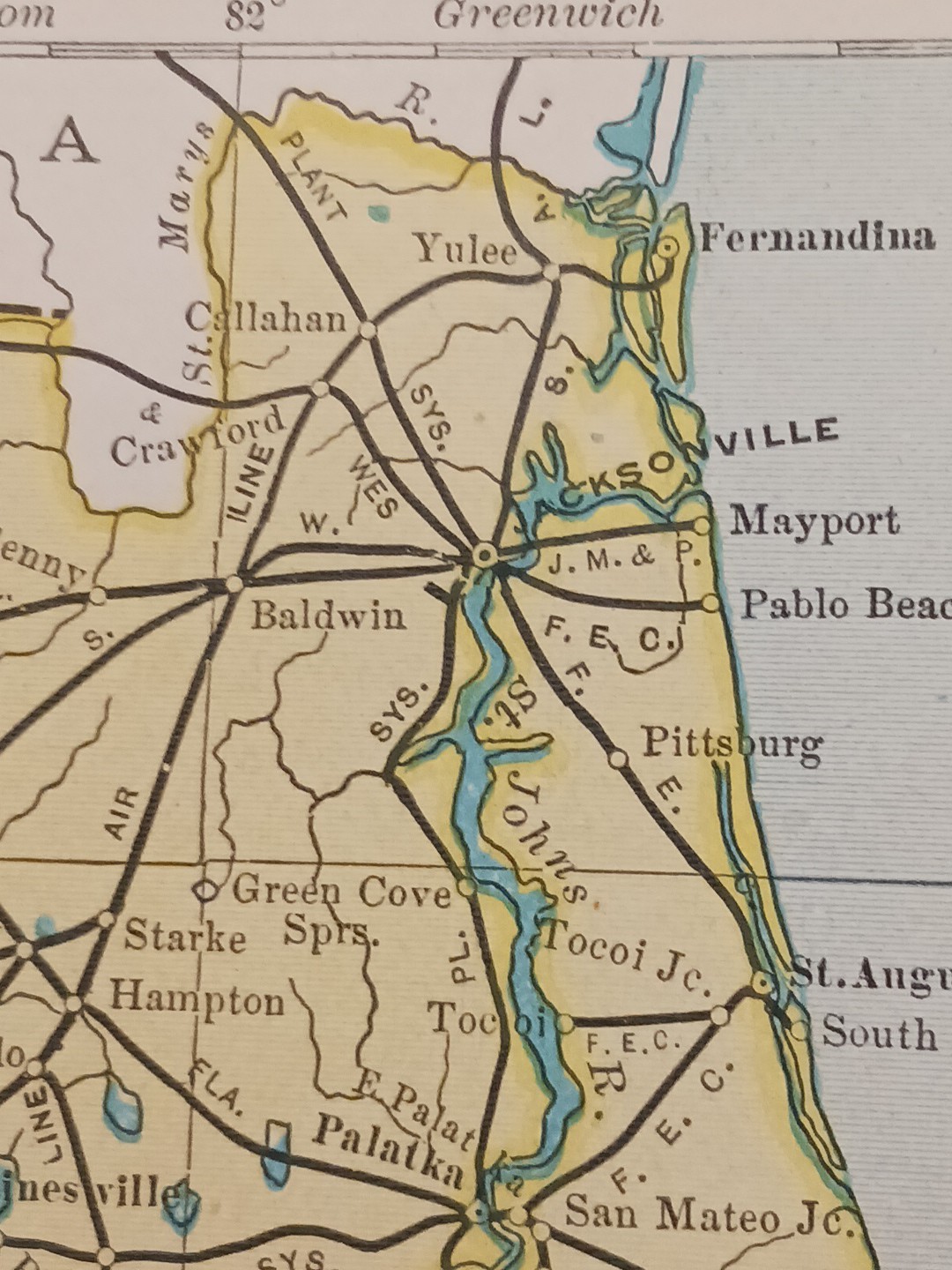 1905 ORIGINAL Train Route Map of FLORIDA state ALL Railroad Lines 11″x 9″