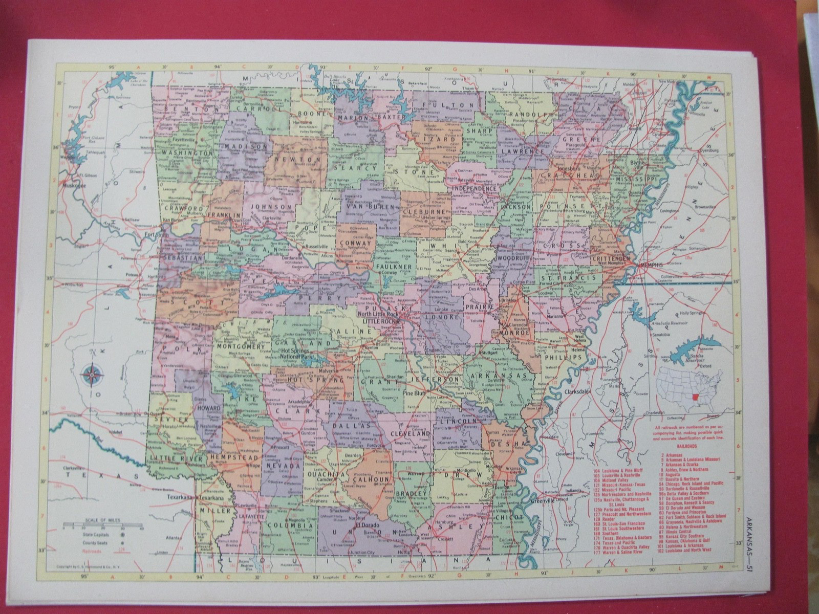 HISTORIC 1953 ARKANSAS & CALIFORNIA TOWN & RAILROAD MAP SHOWS & LIST ALL RR’s