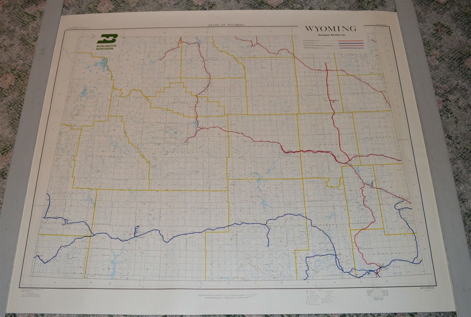 Large 1973 Burlington Northern Railroad Wyoming Map Poster NO FOLDS