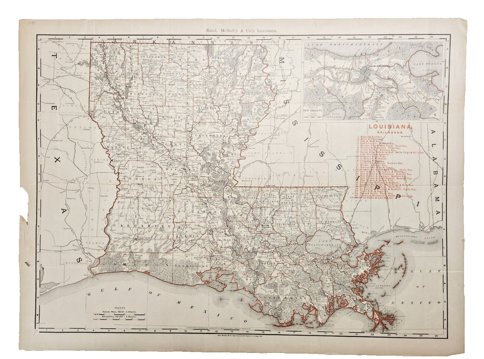 Antique Original 1895 Railroad Map of Louisiana with an Inset of New Orleans
