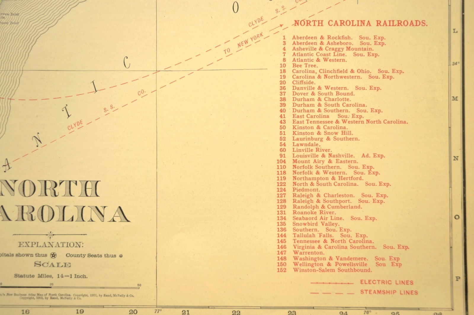 1911 Antique North Carolina Railroad Map ORIGINAL Atlas Southern Railway DATED