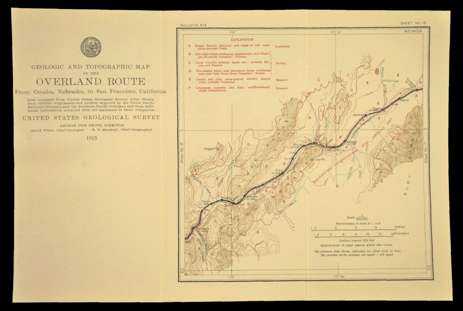 1915 Antique Central Pacific Railroad Map Elko Nevada Carlin Canyon Geological