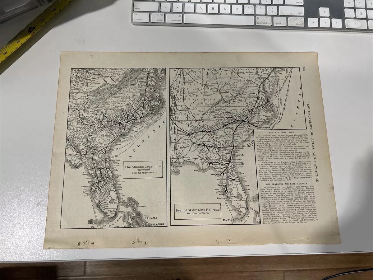 Antique 1908 Map Atlantic Coast & Seaboard Air Line Railroads Systems 11×15 Inch