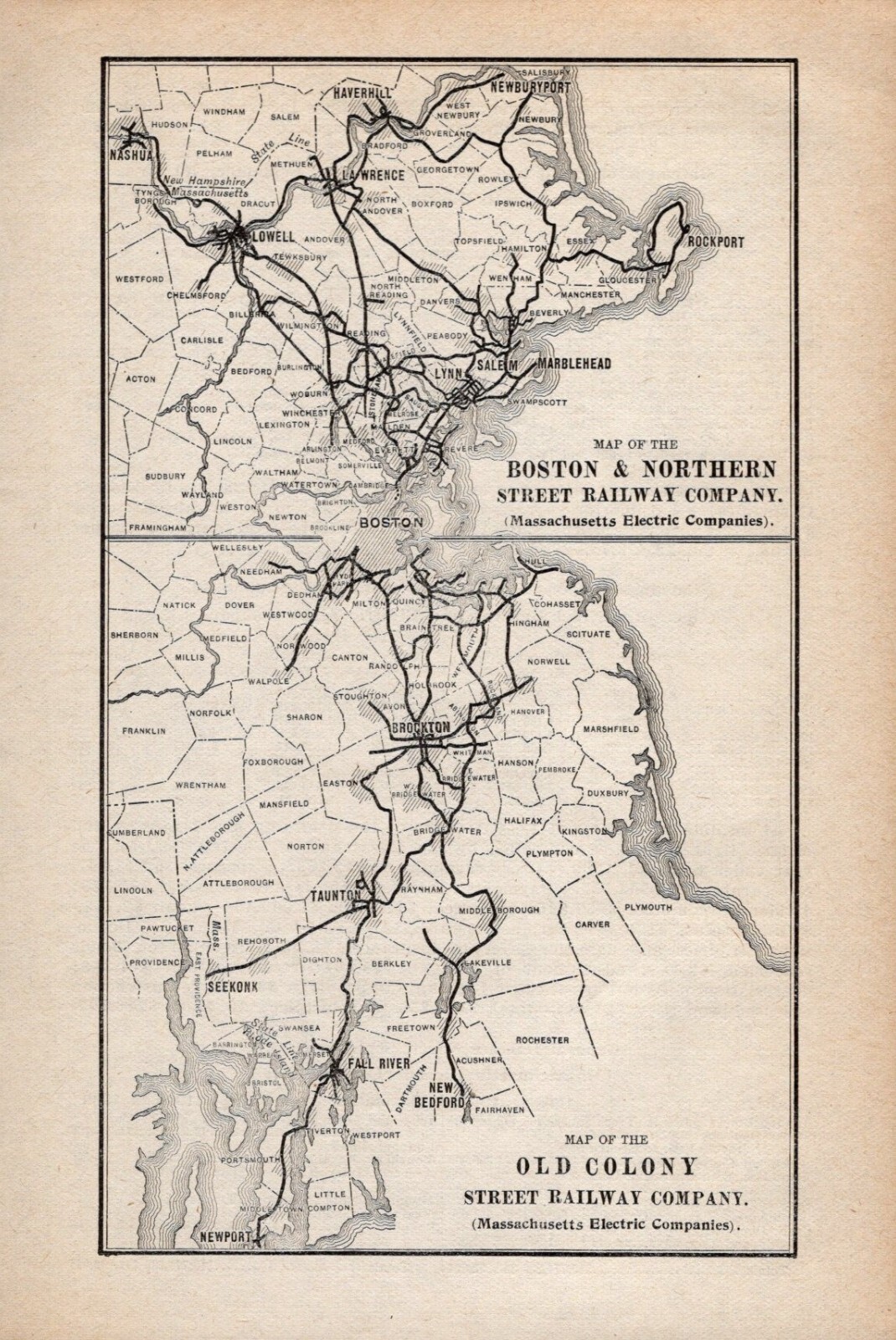 1910 Boston & Northern & Old Colony Street Vintage Railway Map 1378