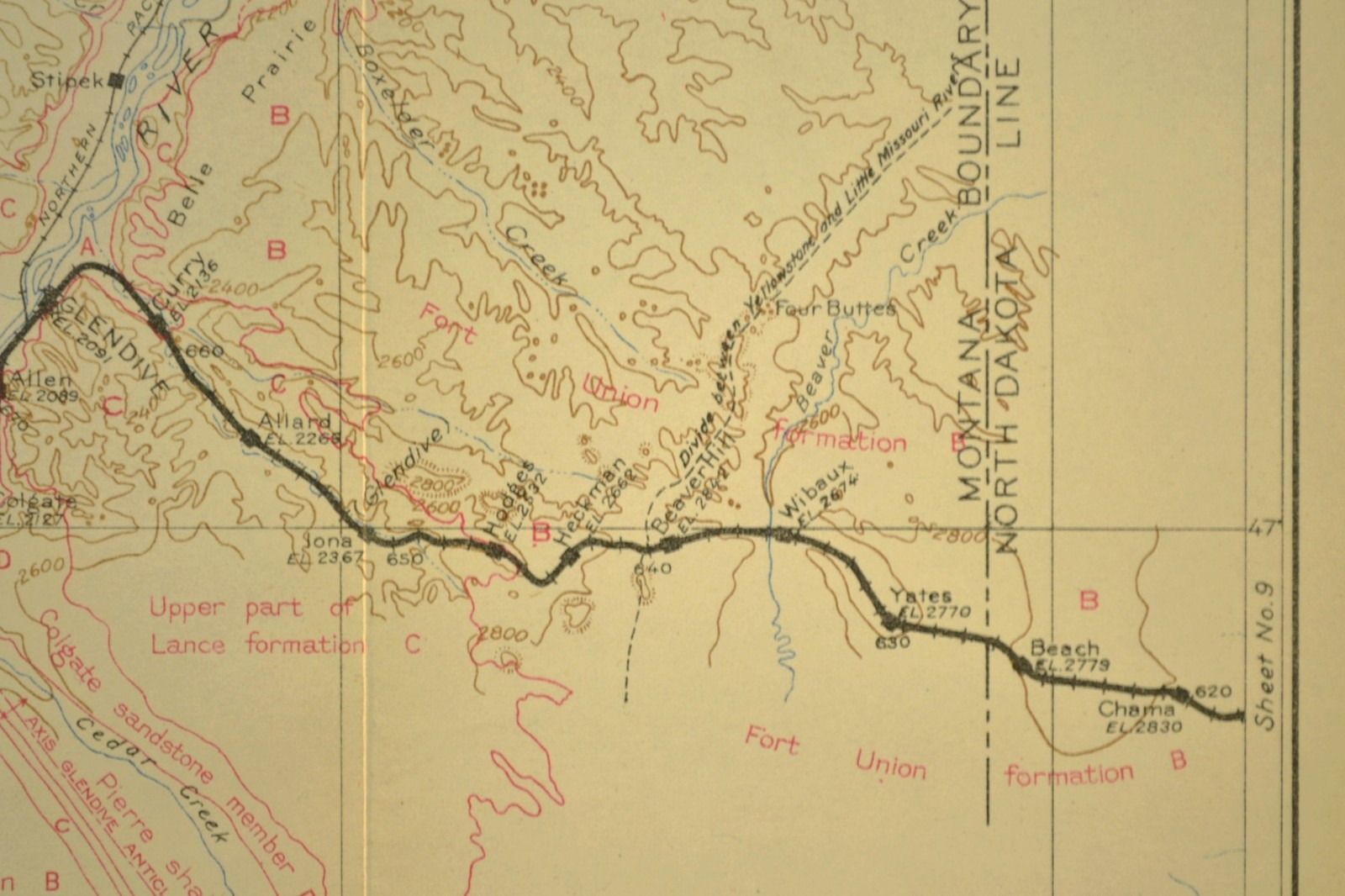 1915 Antique Northern Pacific Railroad Map Glendive Montana Beach North Dakota