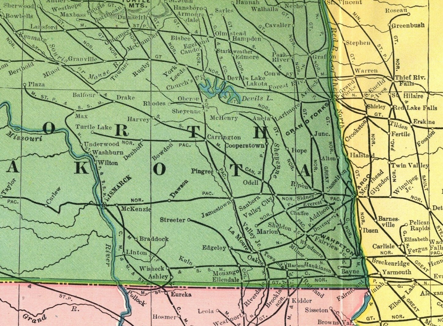 1908 Antique Minnesota South & North Dakota Railroad Map Railway Map 1184