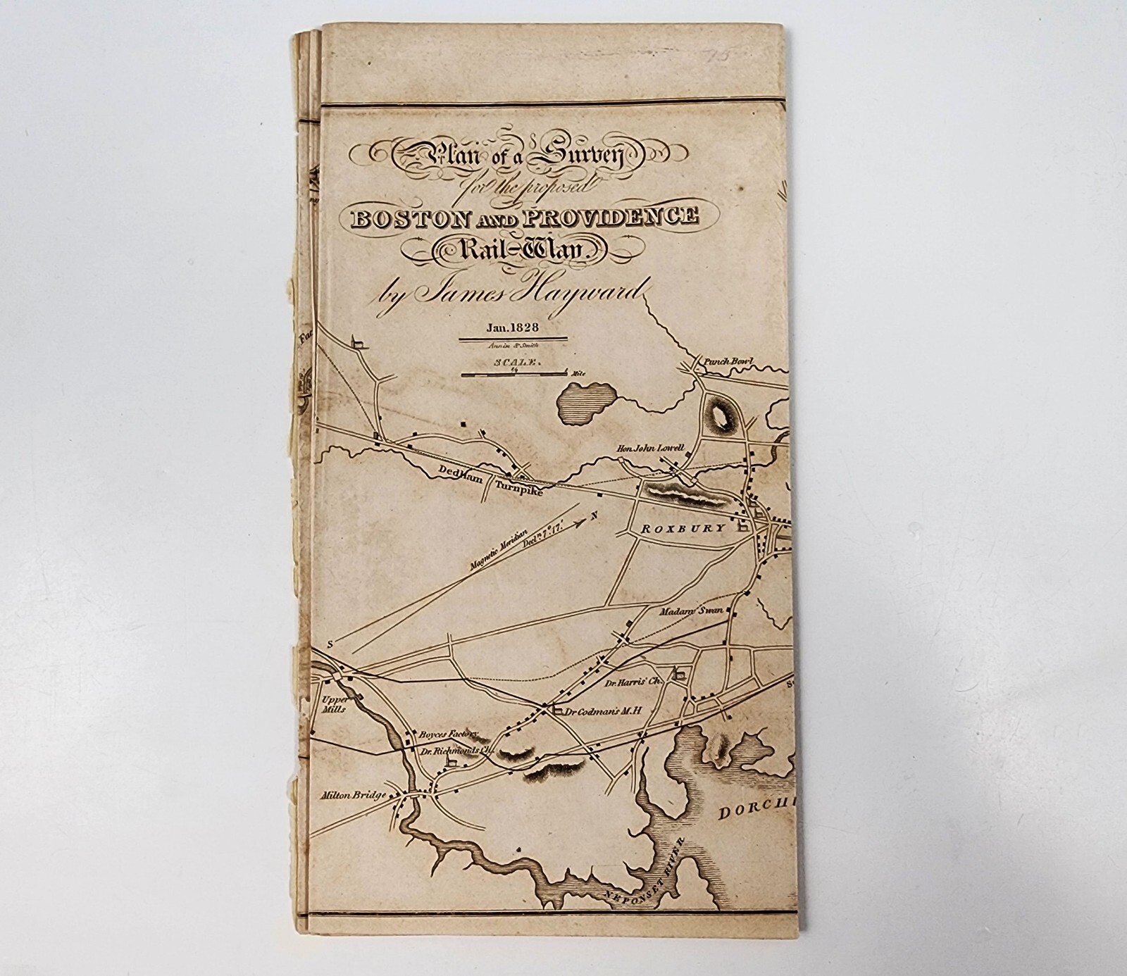 Antique 1828 Boston & Providence B&P Railroad Map Proposed Railway Route Survey