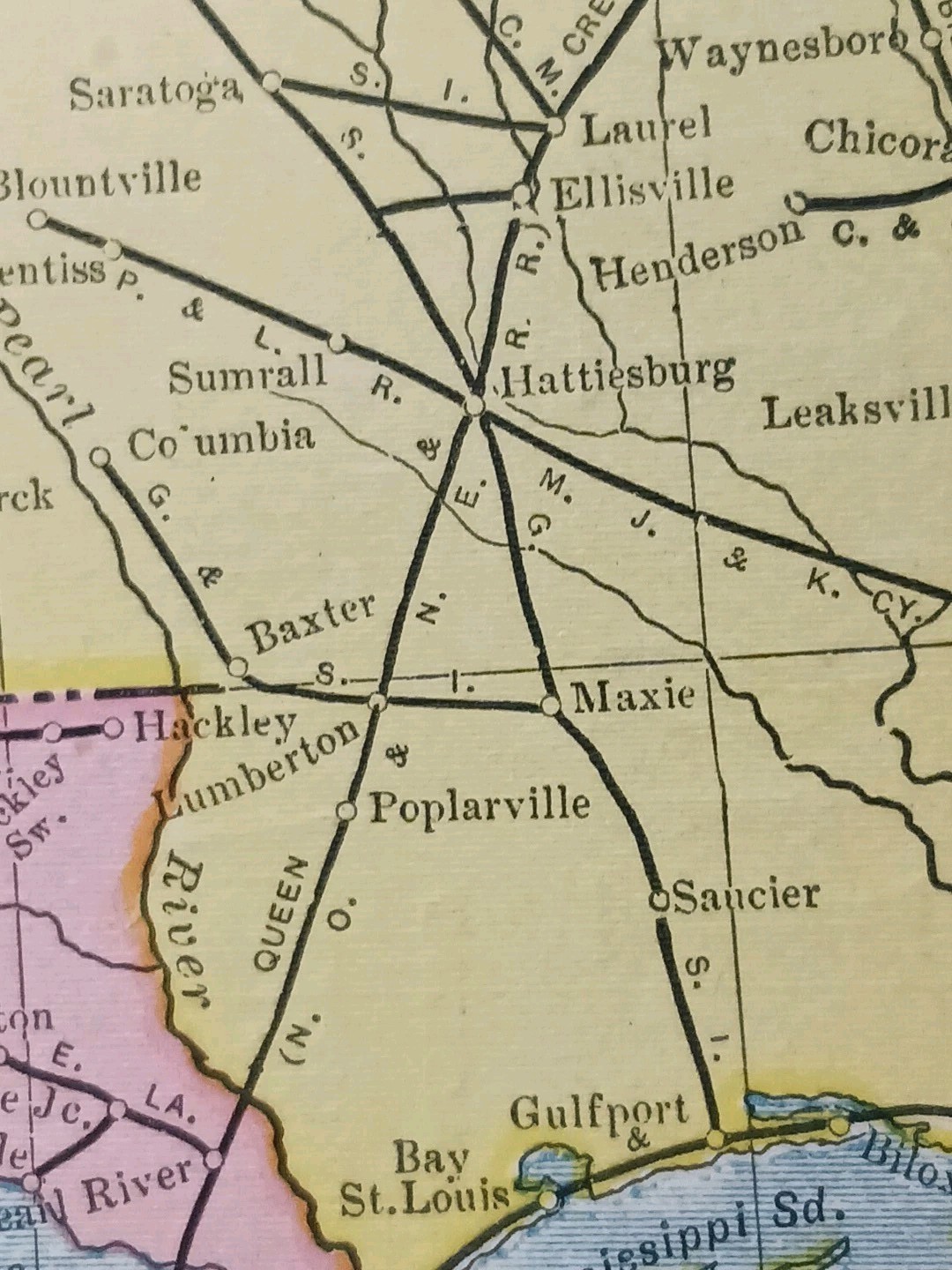 ~1904 Railroad Map MISSISSIPPI LOUISIANA ARKANSAS all Train lines Depots 11″x9″