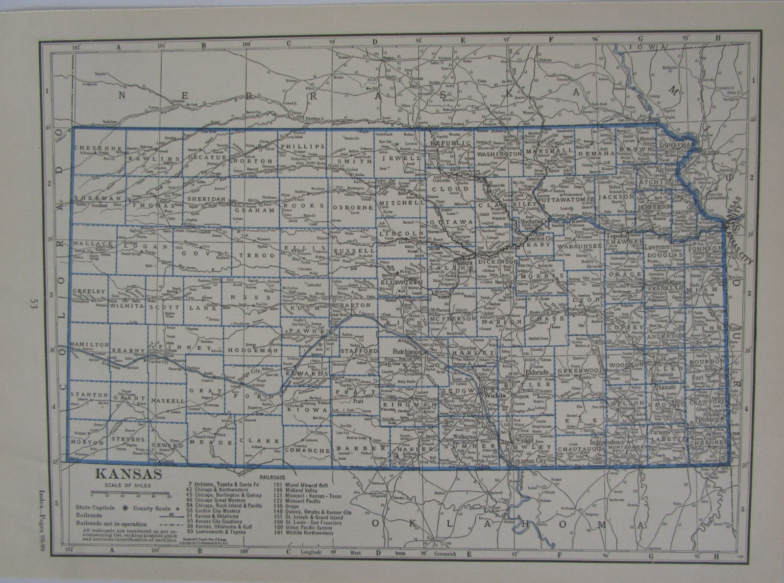 KS KY 1933 KANSAS RAILROAD Map LEAVENWORTH & TOPEKA RR ~or~ KENTUCKY Map. CADIZ