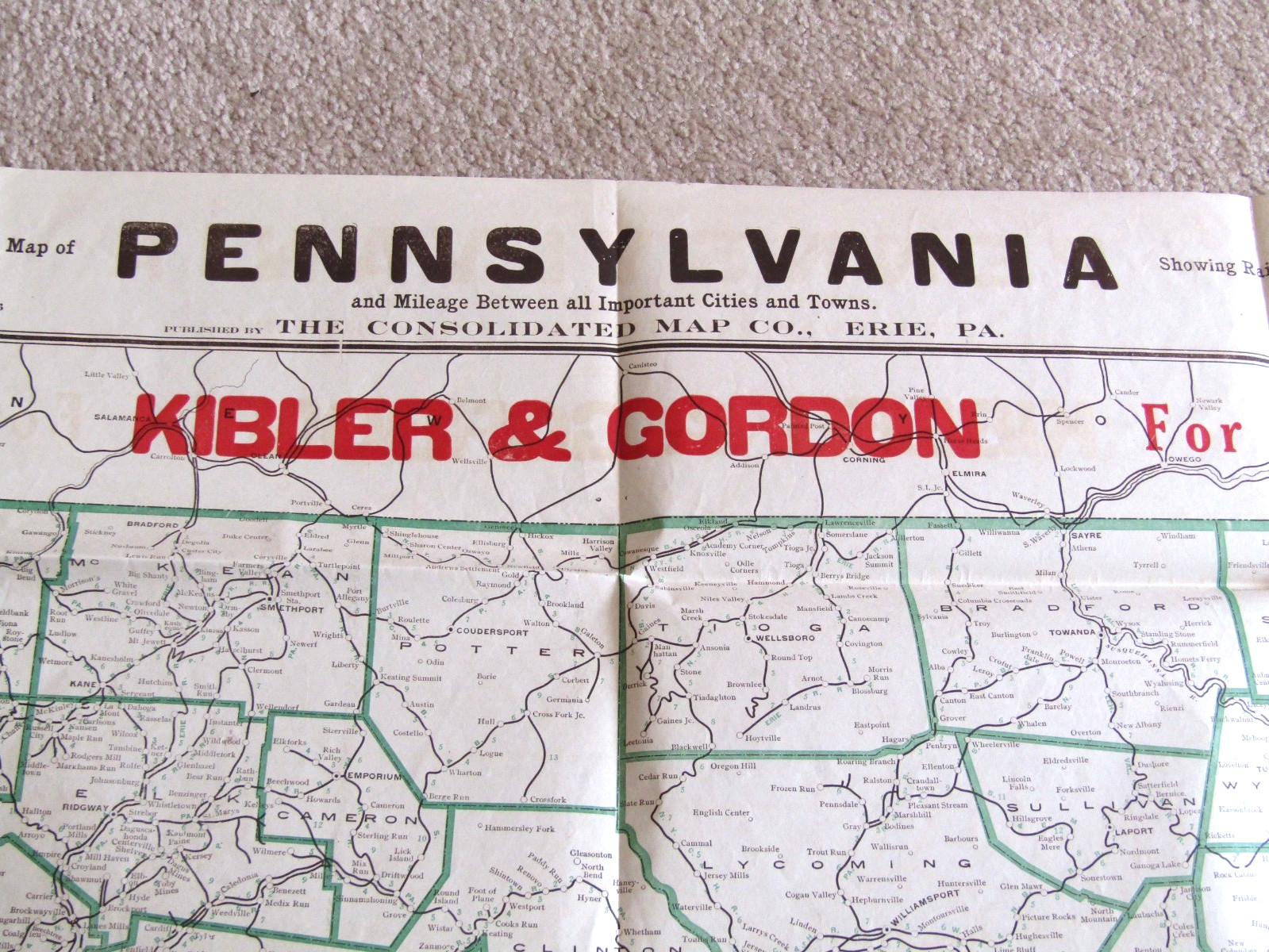 Railroad Distance Map of Pennsylvania Jan 26, 1906 Large 40″ x 27″ Erie, PA