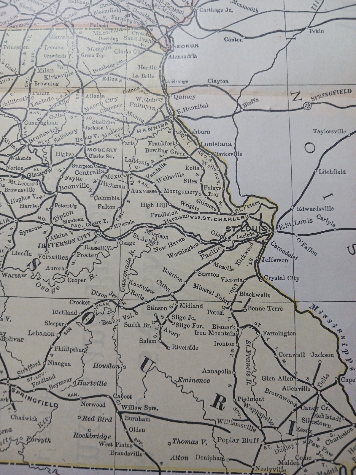 1889 Original railroad map IOWA Missouri All Train Routes 11″x9″ Town Stations