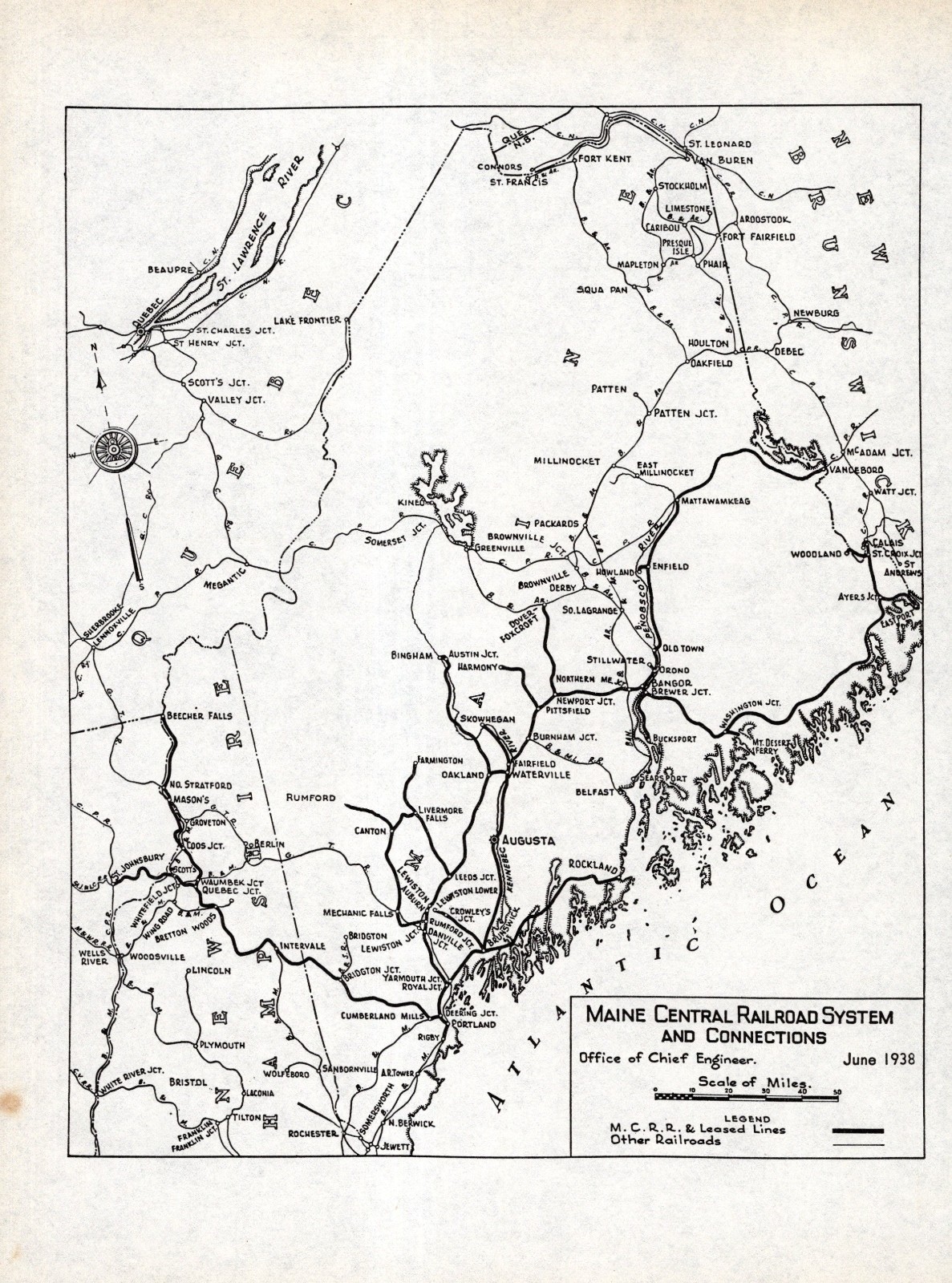 1938 Antique Maine Central Railroad System Map Vintage Railway Map 2646