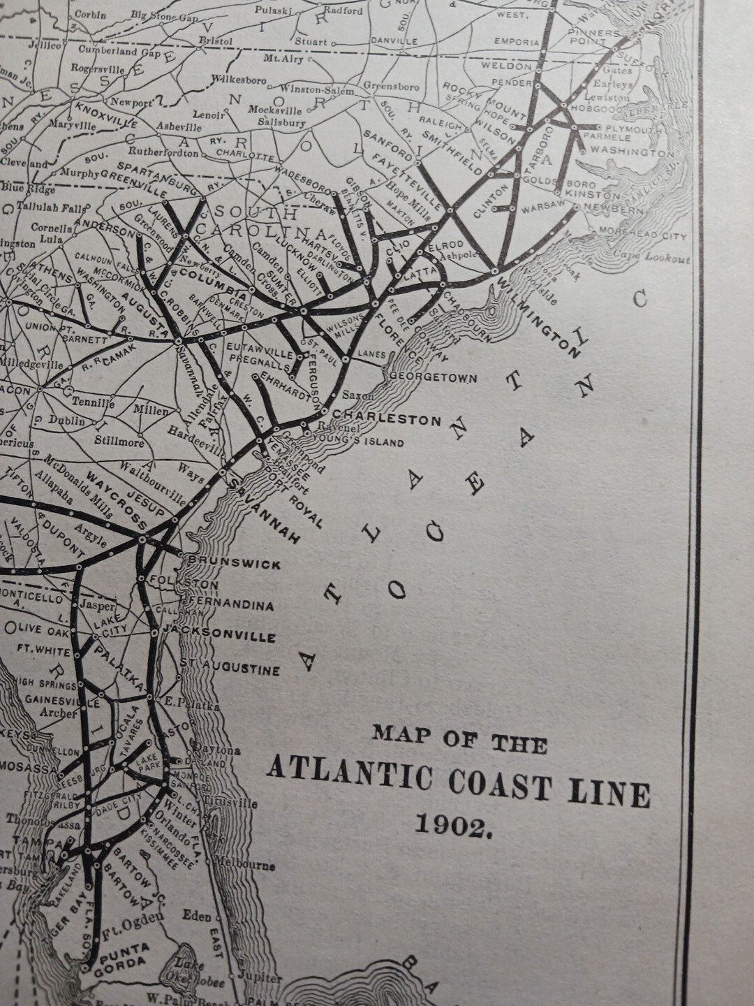 1902 Train Route Map ATLANTIC COAST LINE SYSTEM railroad Florida Georgia NC SC