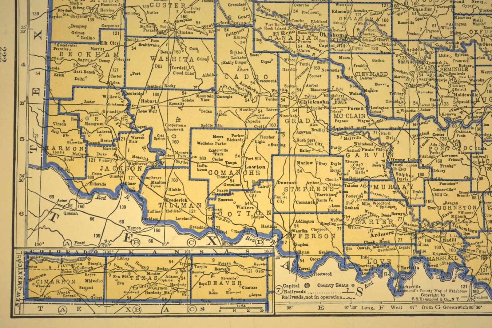ca1938 OKLAHOMA Railroad Map Depot Towns AT&SF RR Historic Original Atlas Map