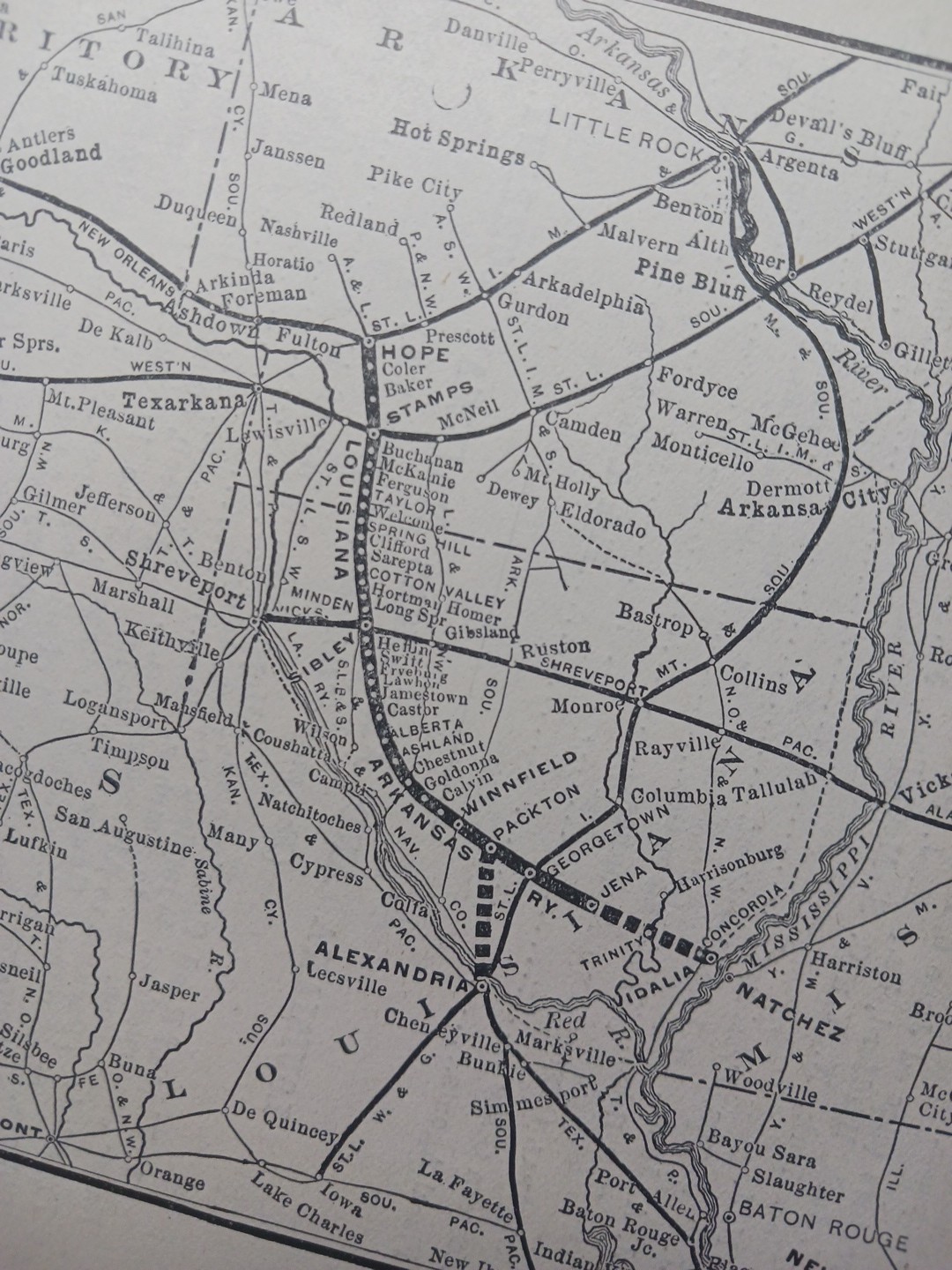~1904 Train Route Map LOUISIANA & ARKANSAS RAILWAY all railroad lines Stations