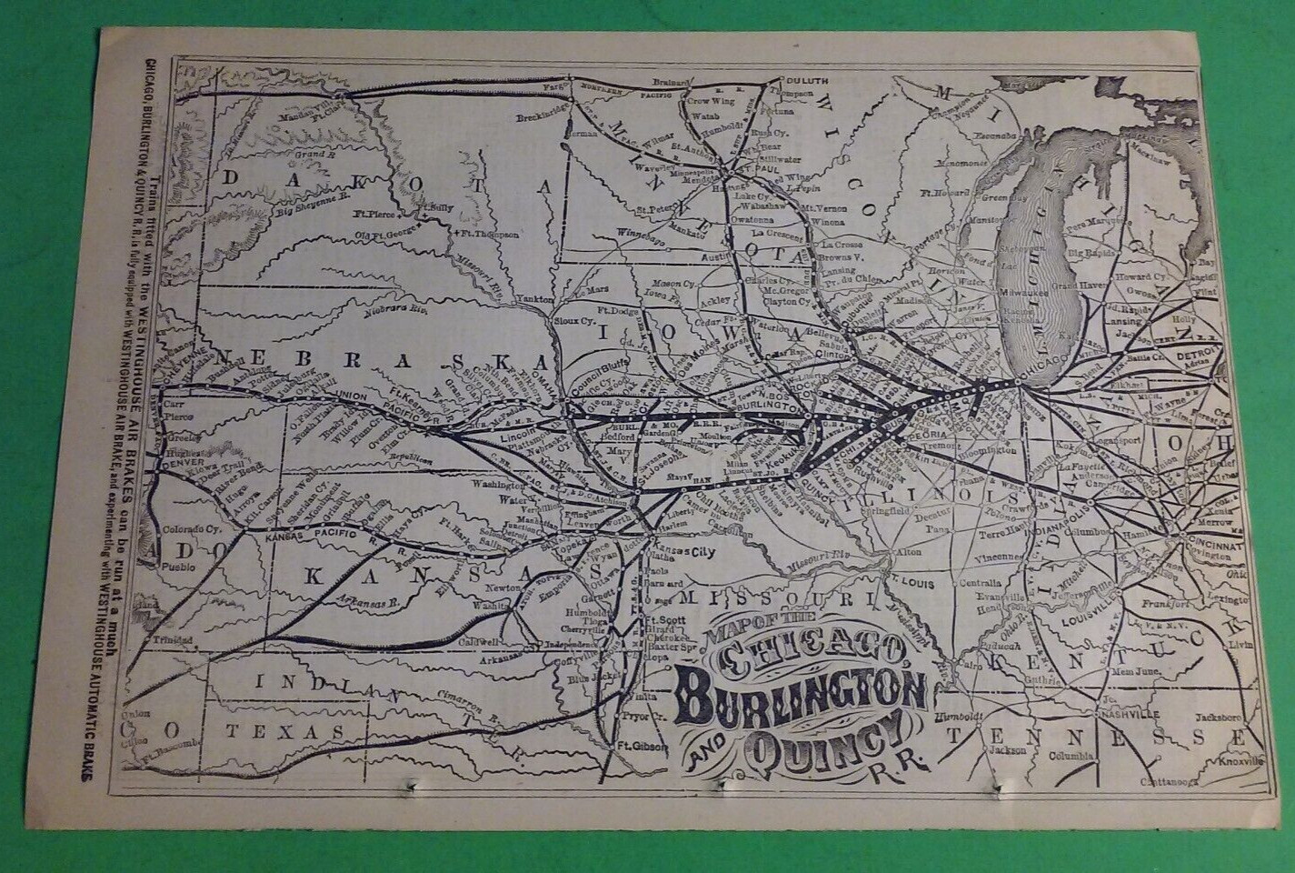 Rare 1876 CHICAGO, BURLINGTON and QUINCY Railroad Print Map & Routes