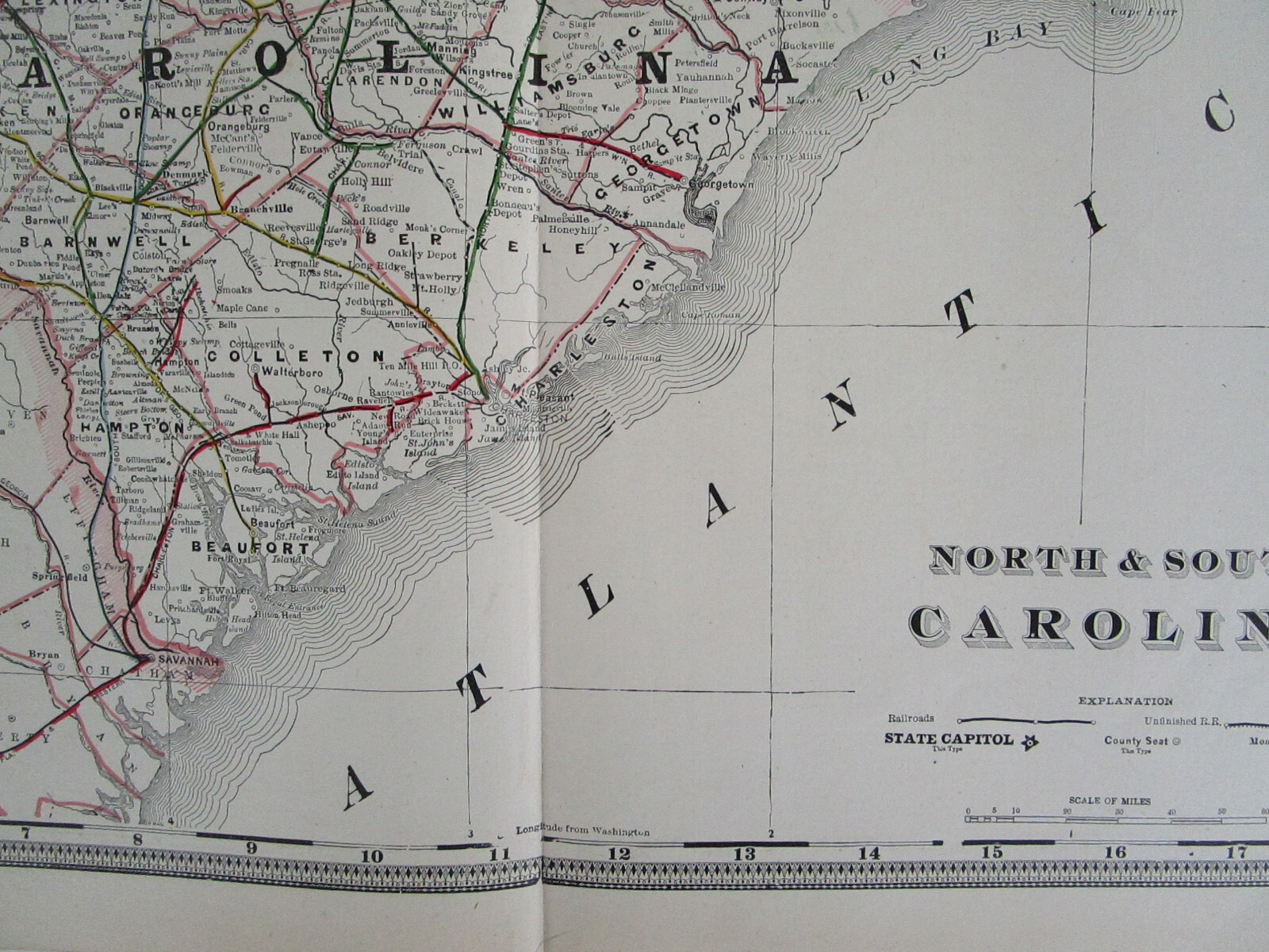 NC SC 1897 NORTH / SOUTH CAROLINA Cram RAILROAD Map. RED SPRINGS & BOWMORE RR
