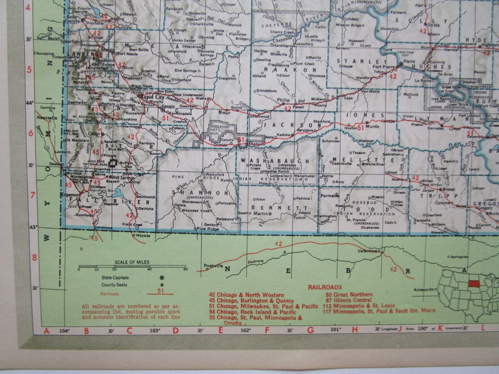 SD TN Vtg 1950 SOUTH DAKOTA RAILROAD Map. CB&Q, C&NW, SOO, GN, IC or TENNESSEE