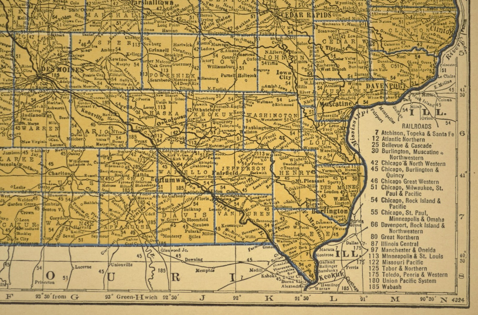 ca1939 IOWA Railroad Map Depot Towns CRI&P RW Historic Original Atlas Map