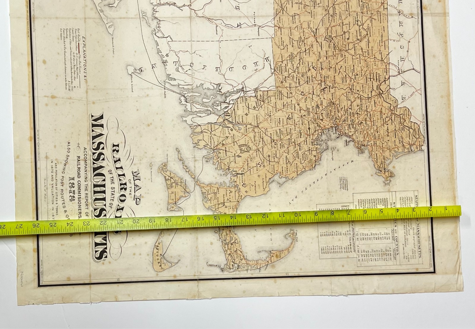Original 1878 Map of the Railroads of the State of Massachusetts. Big Map