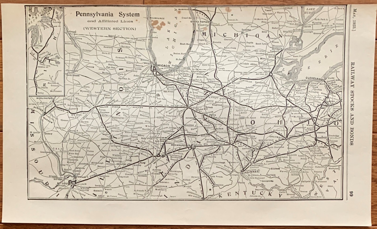1923 Antique PENNSYLVANIA SYSTEM WESTERN SECTION Map Vintage RAILWAY Map