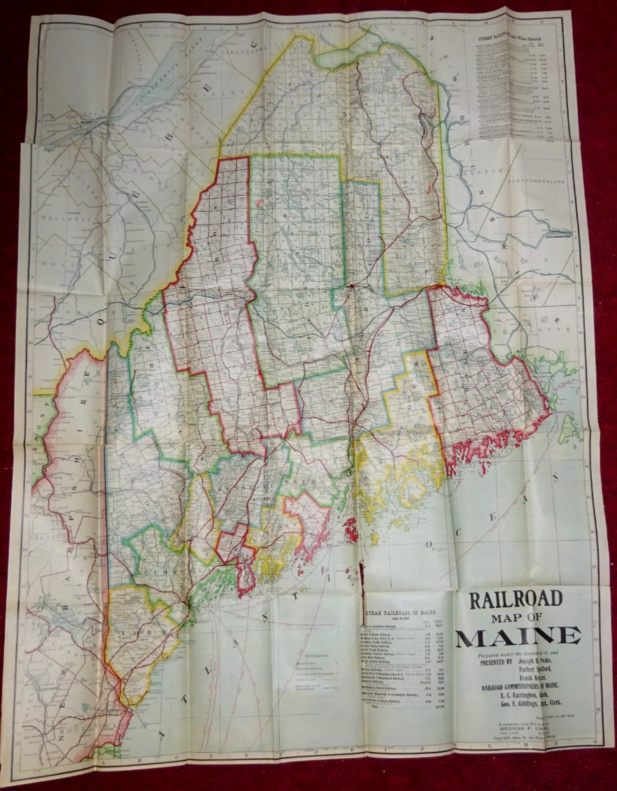 BIG GEO ORAM WALL MAP OF RAILROADS MAINE 41″ x 30″ PRINTED 1909 BY COMMISSIONERS