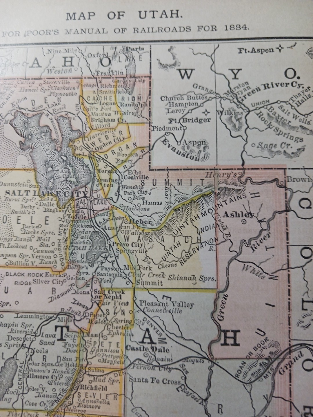 1884 vintage Railroad Map UTAH TERRITORY Train Line Routes Railway Town Stations