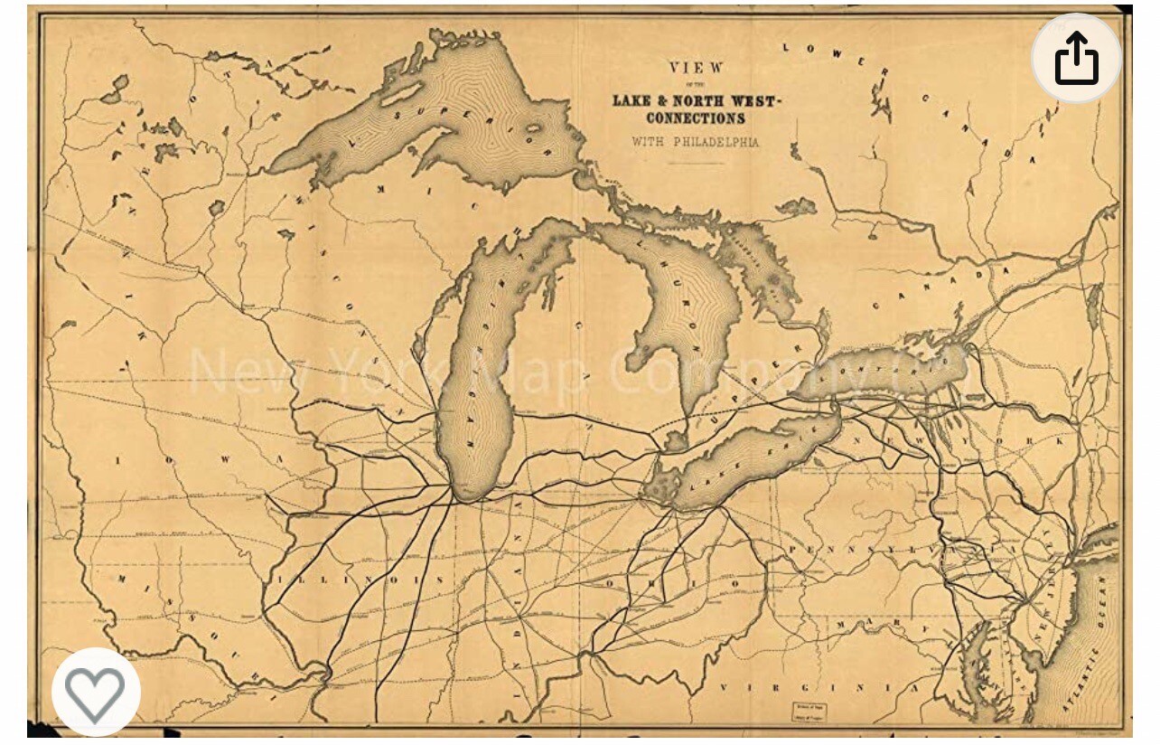 1856 Railroad Map Of Great Lakes Region, North East, Midwest, 16x 24 Reprint