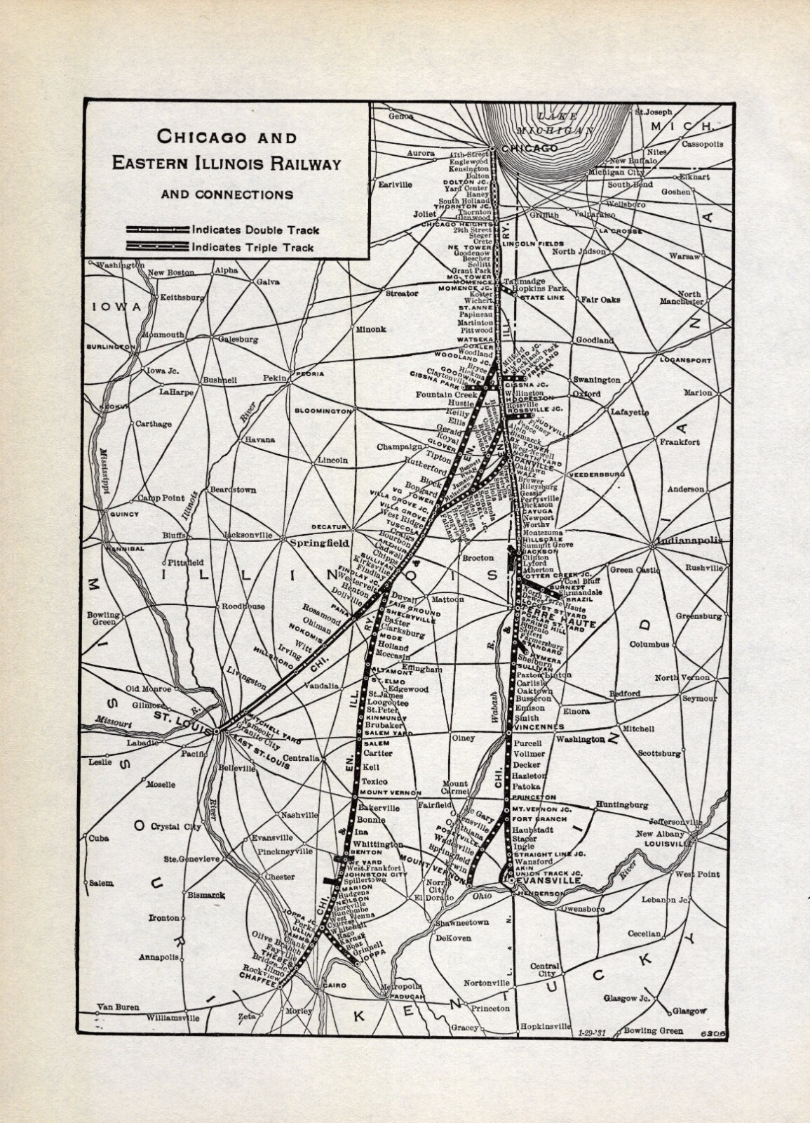 1931 Antique Chicago & Eastern Illinois Railroad Map Vintage Railway Map 794