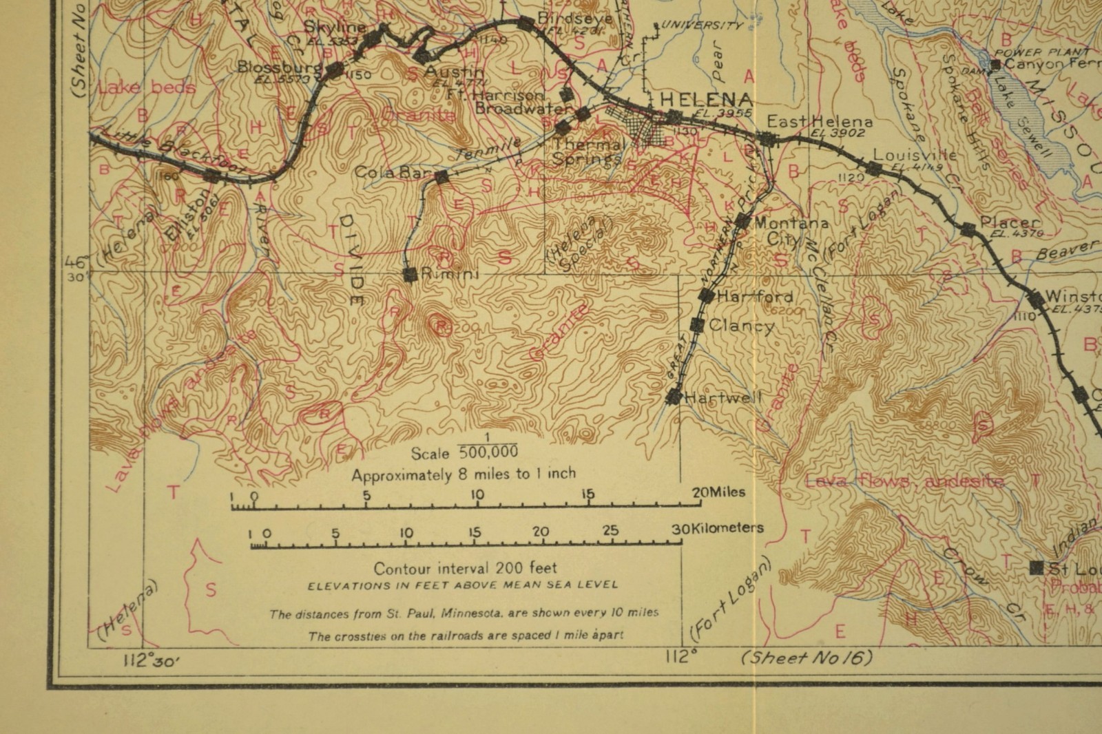 Antique Map of the Northern Pacific Railroad Line Helena Montana Geological
