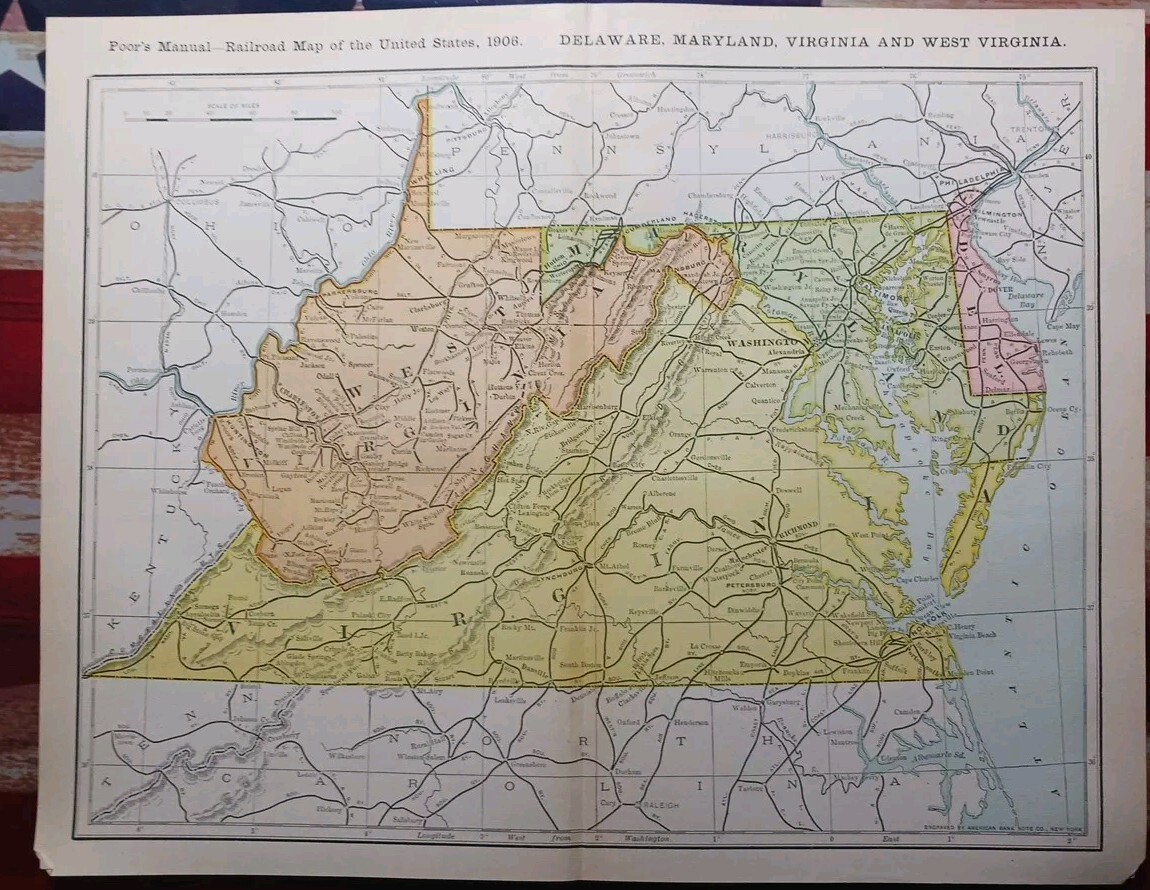 1906 Dated Train Route Map WEST VIRGINIA MARYLAND all Railroad Lines 11″×9″