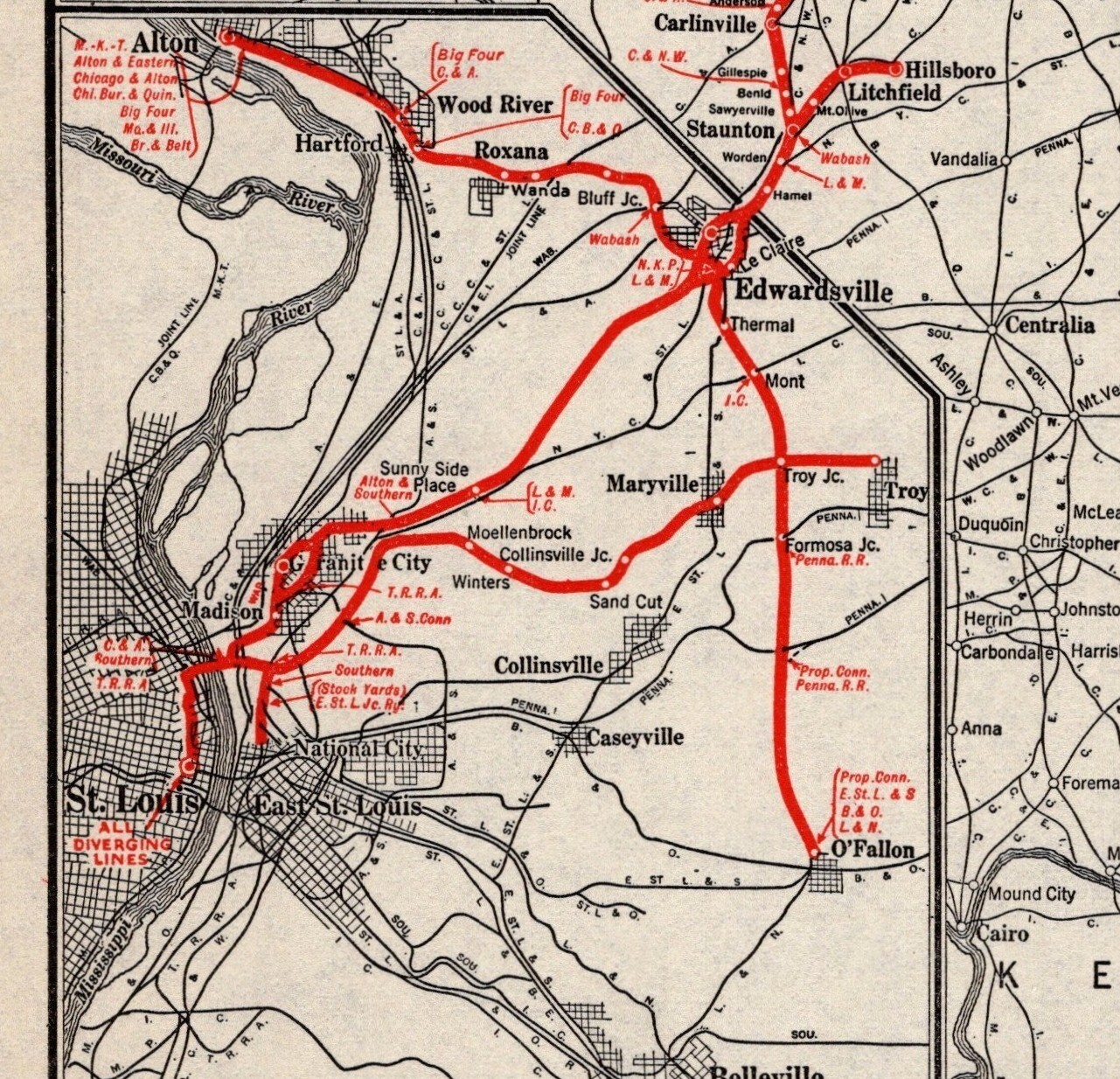 1924 Antique Illinois Terminal Railroad System Map Vintage Railway Map 2349