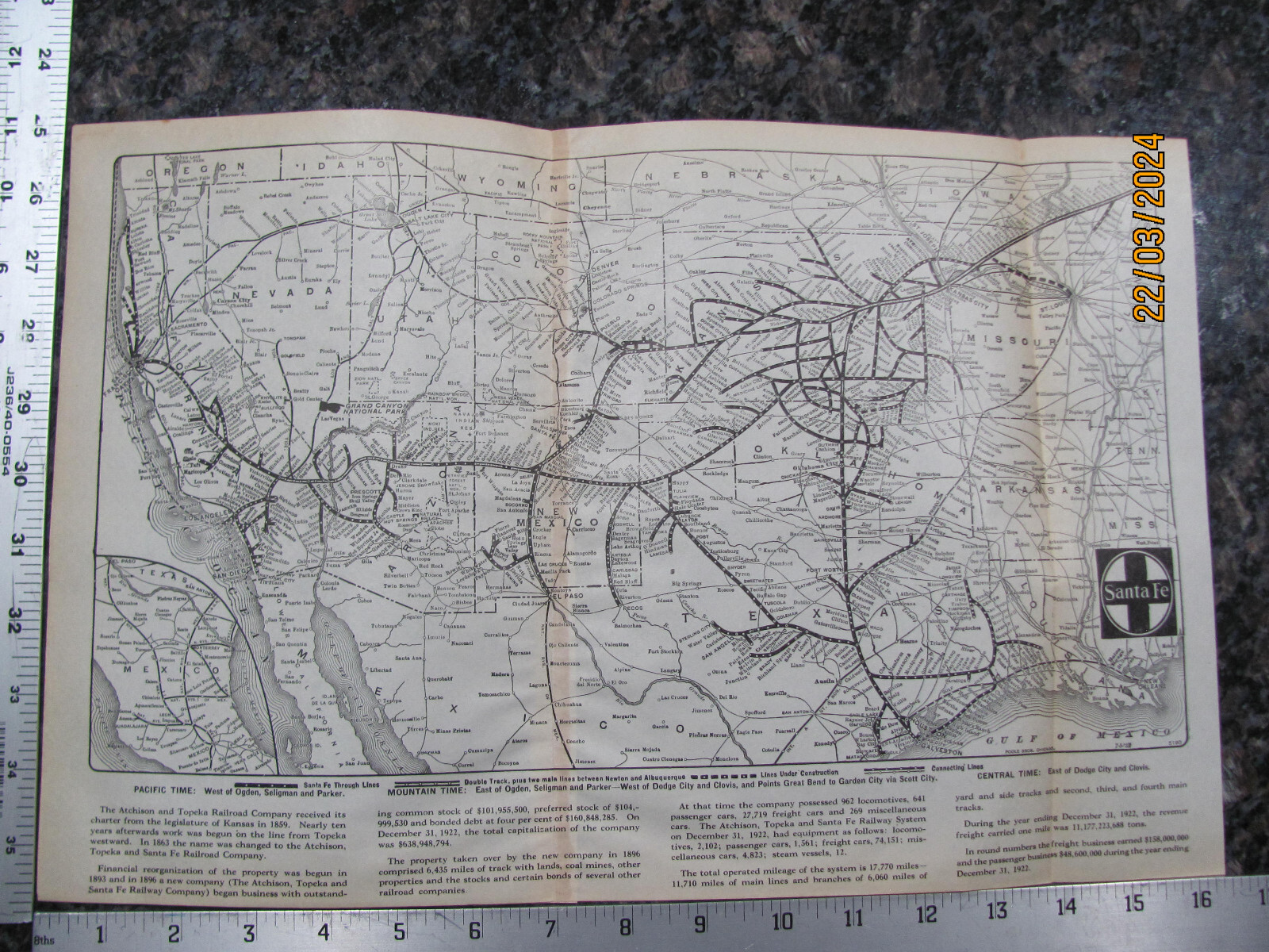 ORIGINAL 1923 SANTA FE RAILROAD SYSTEM MAP w/ AT&SF RR STATIONS HISTORY DATA