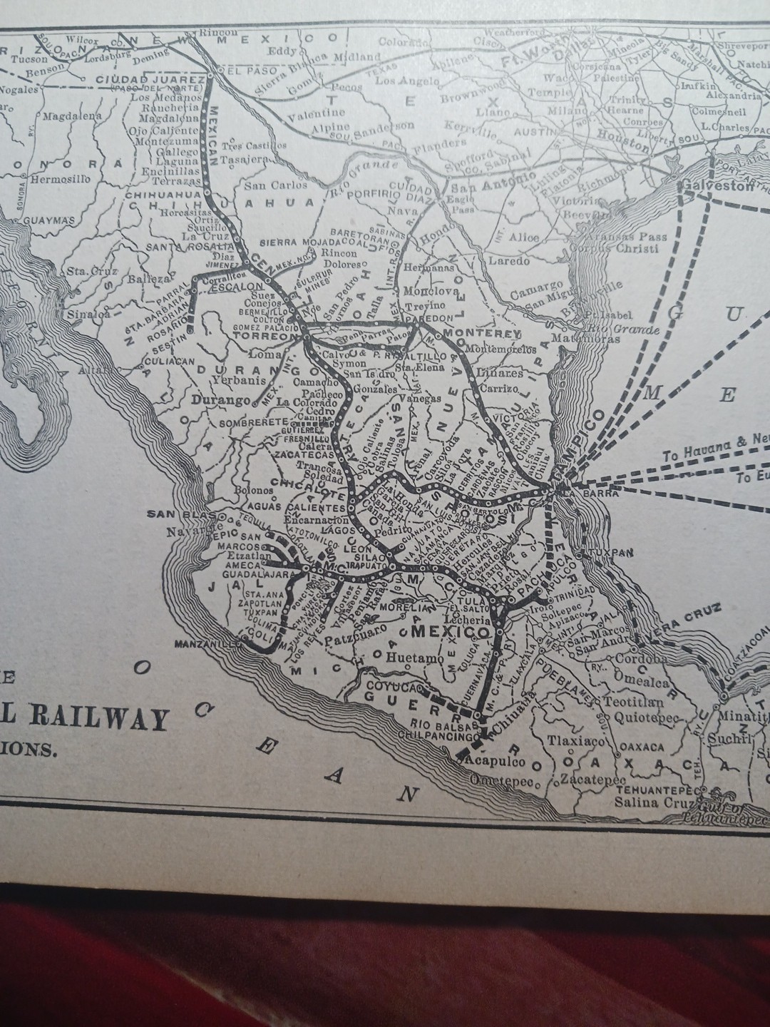 ~1906 Train Route Map MEXICAN CENTRAL RAILWAY Monterey Tampico Mexico Railroad
