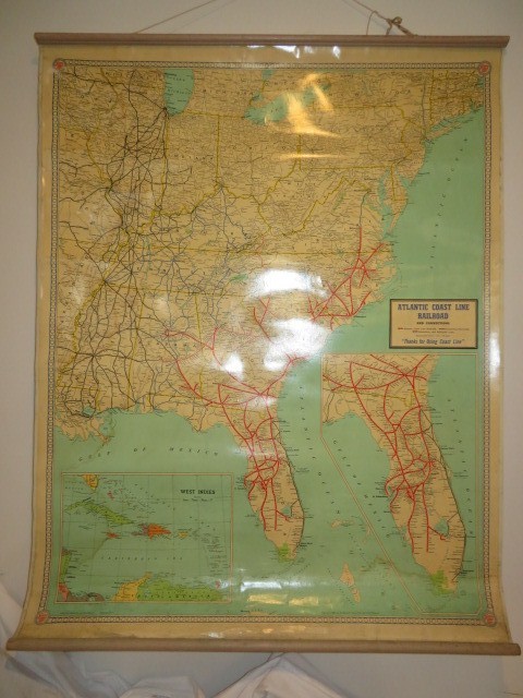 Lg Vtg 1963 Atlantic Coast Line Railroad Wall Map 34 1/2″ x 44 1/2″ Wood