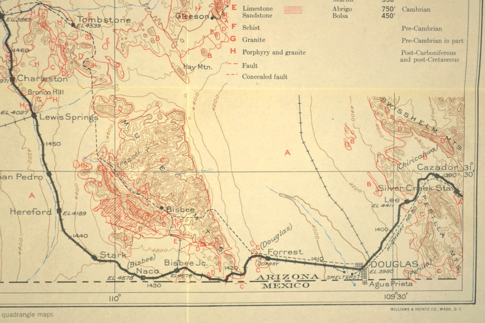 Southern Pacific Railroad Map Douglas Arizona Tombstone Willcox Dragoon Mtns