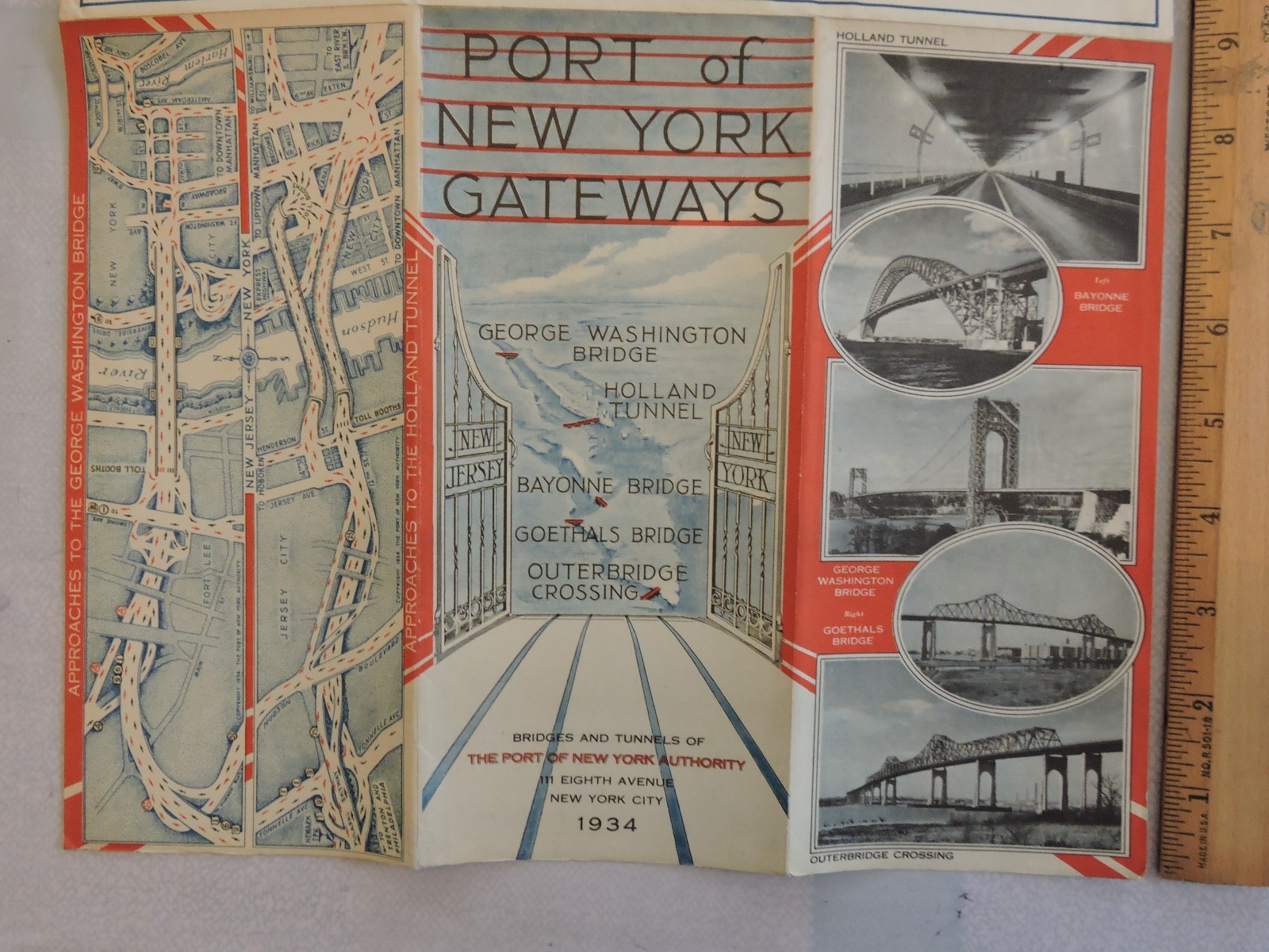 Rare 1934 12×18 New York City Map Port Authority Bridge Tunnel Roads Brochure