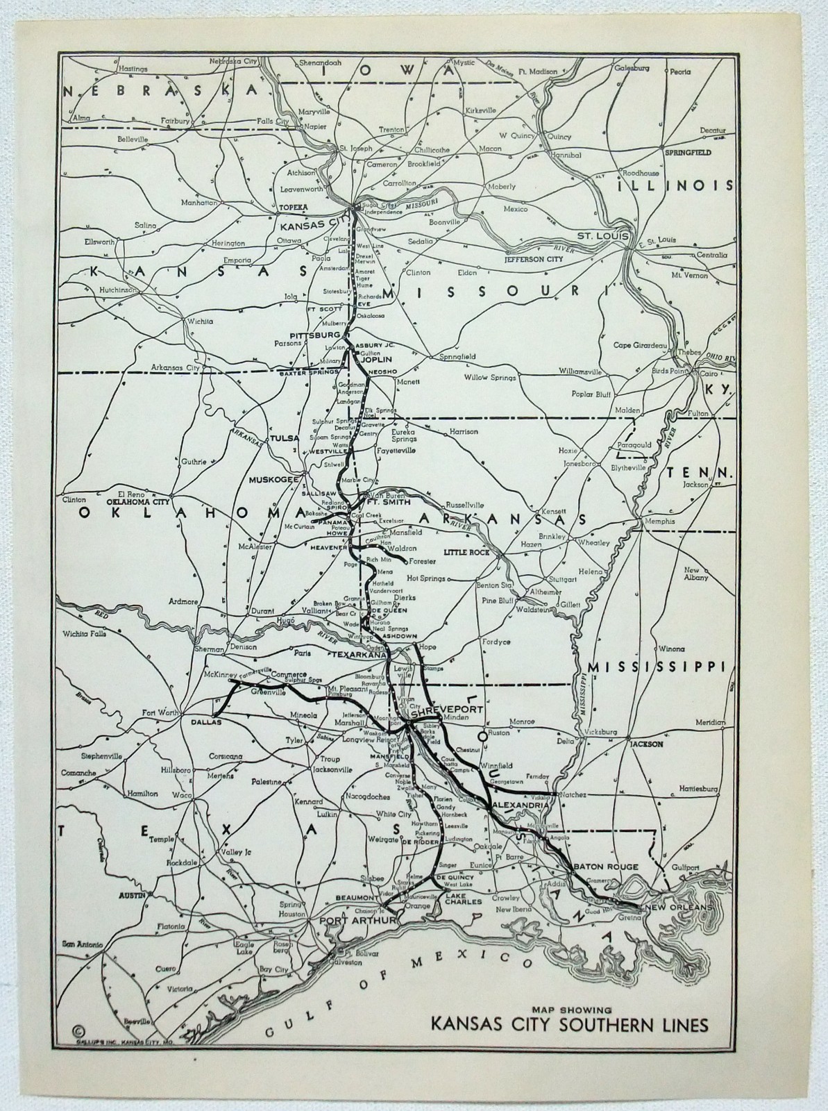 Kansas City Southern – Original 1941 Railroad System Map. Vintage
