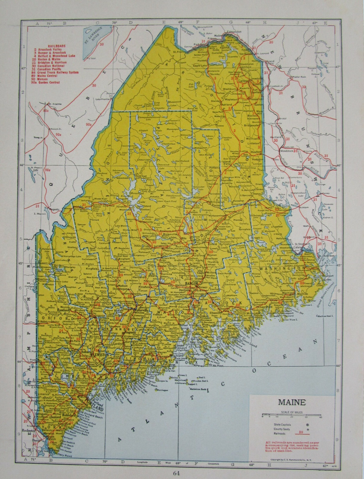 LA ME 1942 LOUISIANA RAILROAD Map OUACHITA & N’WSTRN RR ~or~ MAINE. MONSON RR