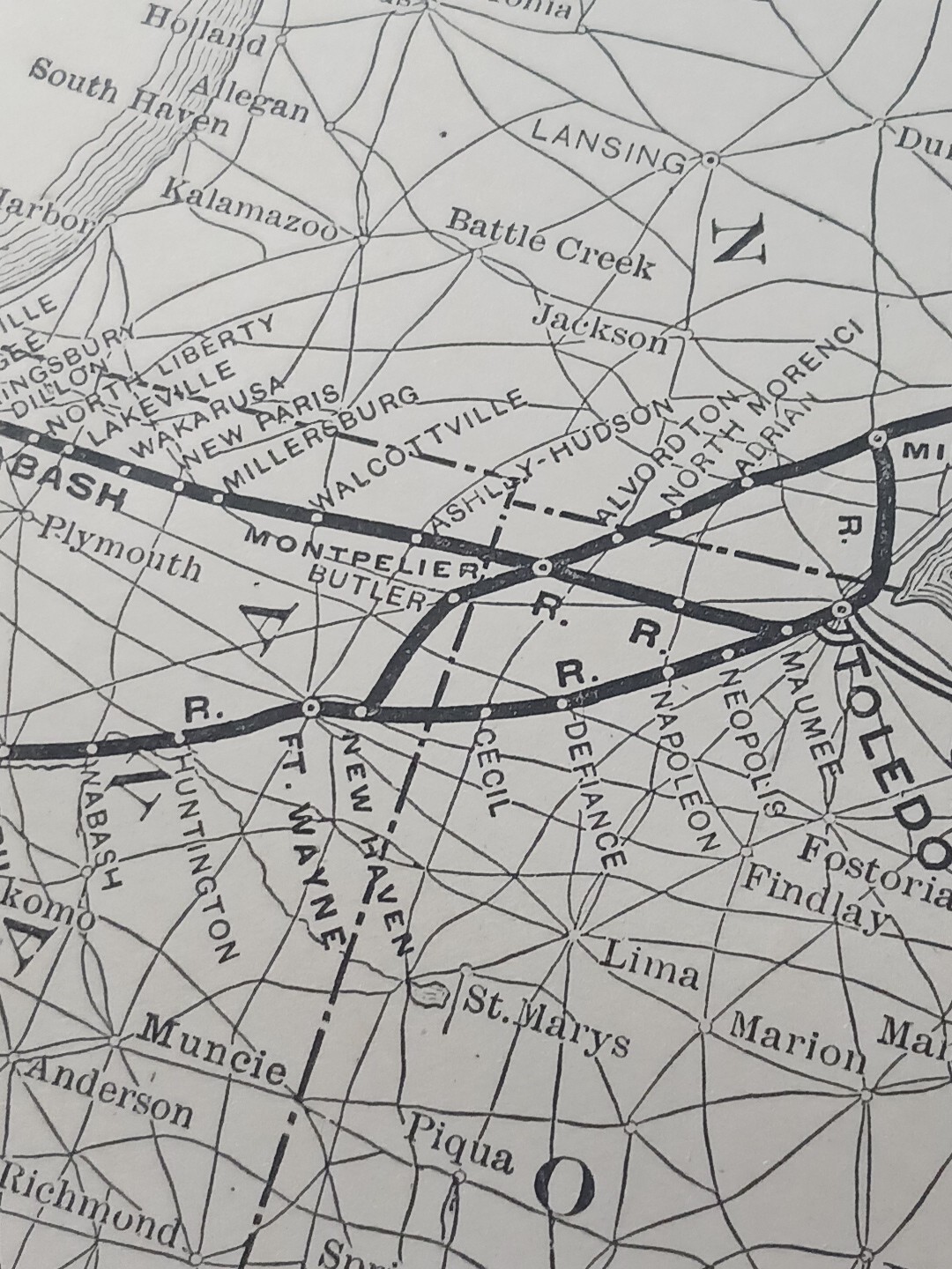 1905 Train Route Map WABASH SYSTEM all Railroad Controlled Lines stations 12″x9″