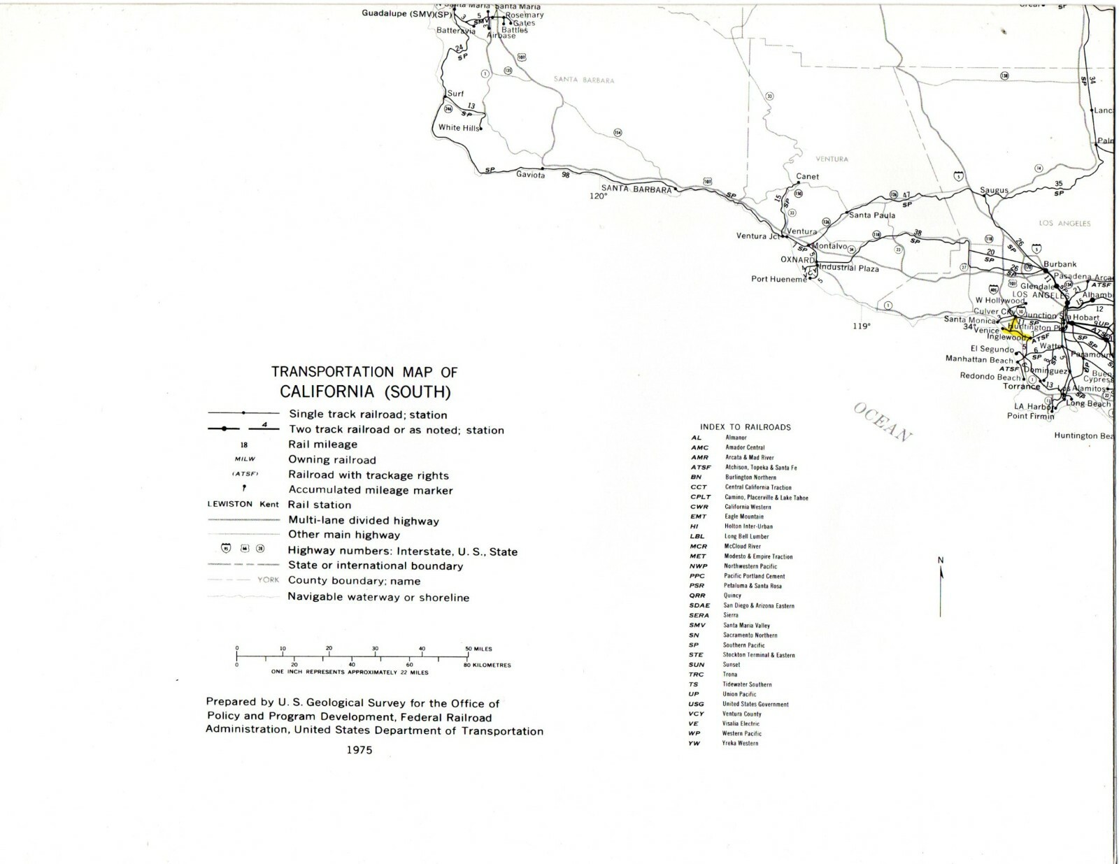 Vintage 1975 California (South) Transportation Map●Fed’l Railroad Admin●11″x17″