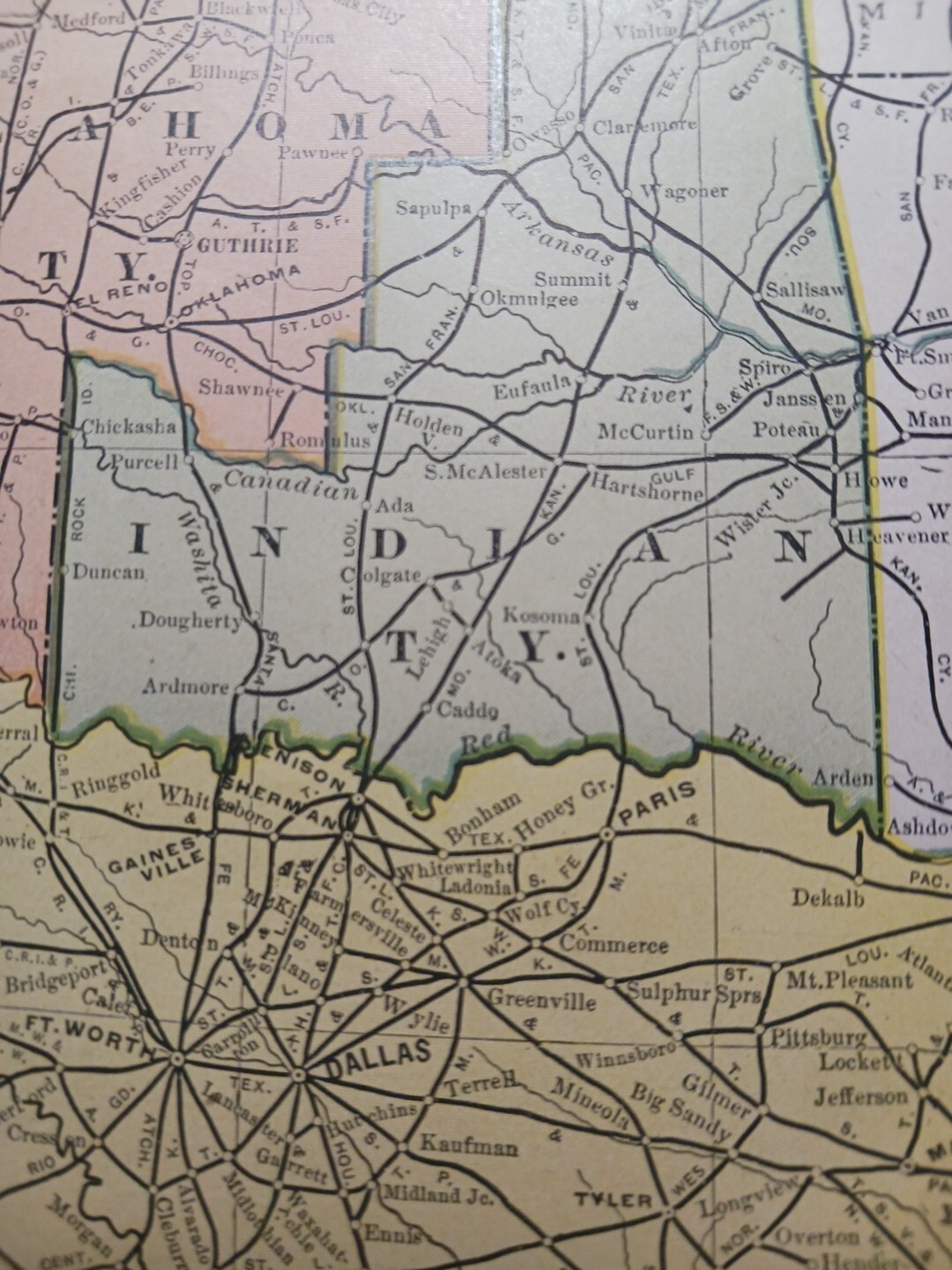 1902 Train Route Map INDIAN TERRITORY TEXAS OK Railroad Lines Stations 11″×9″