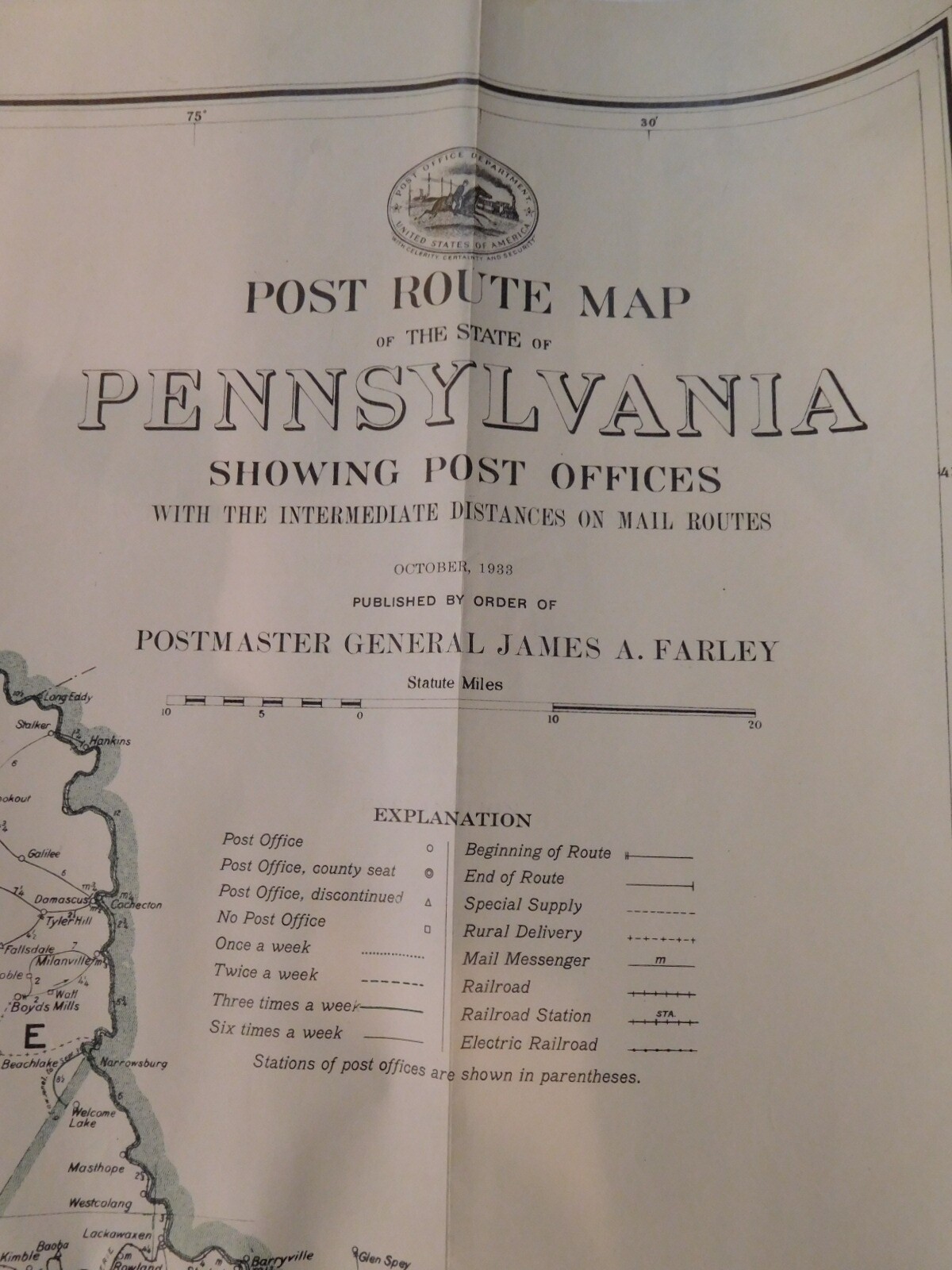 Map Pennsylvania Showing Post Offices 1933 w Railroads, Electic Rr, RR stations